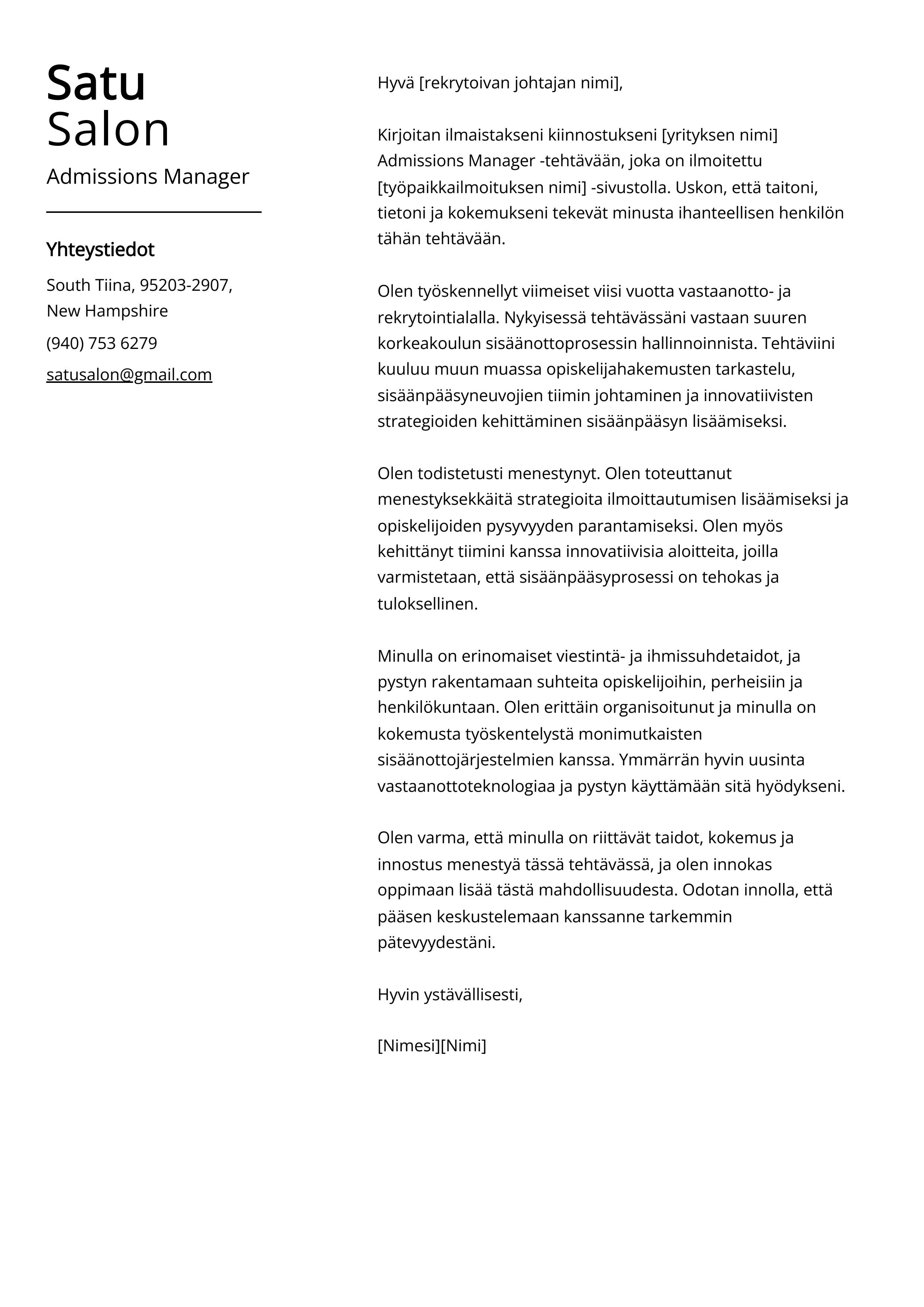 Admissions Manager Saatekirje esimerkki