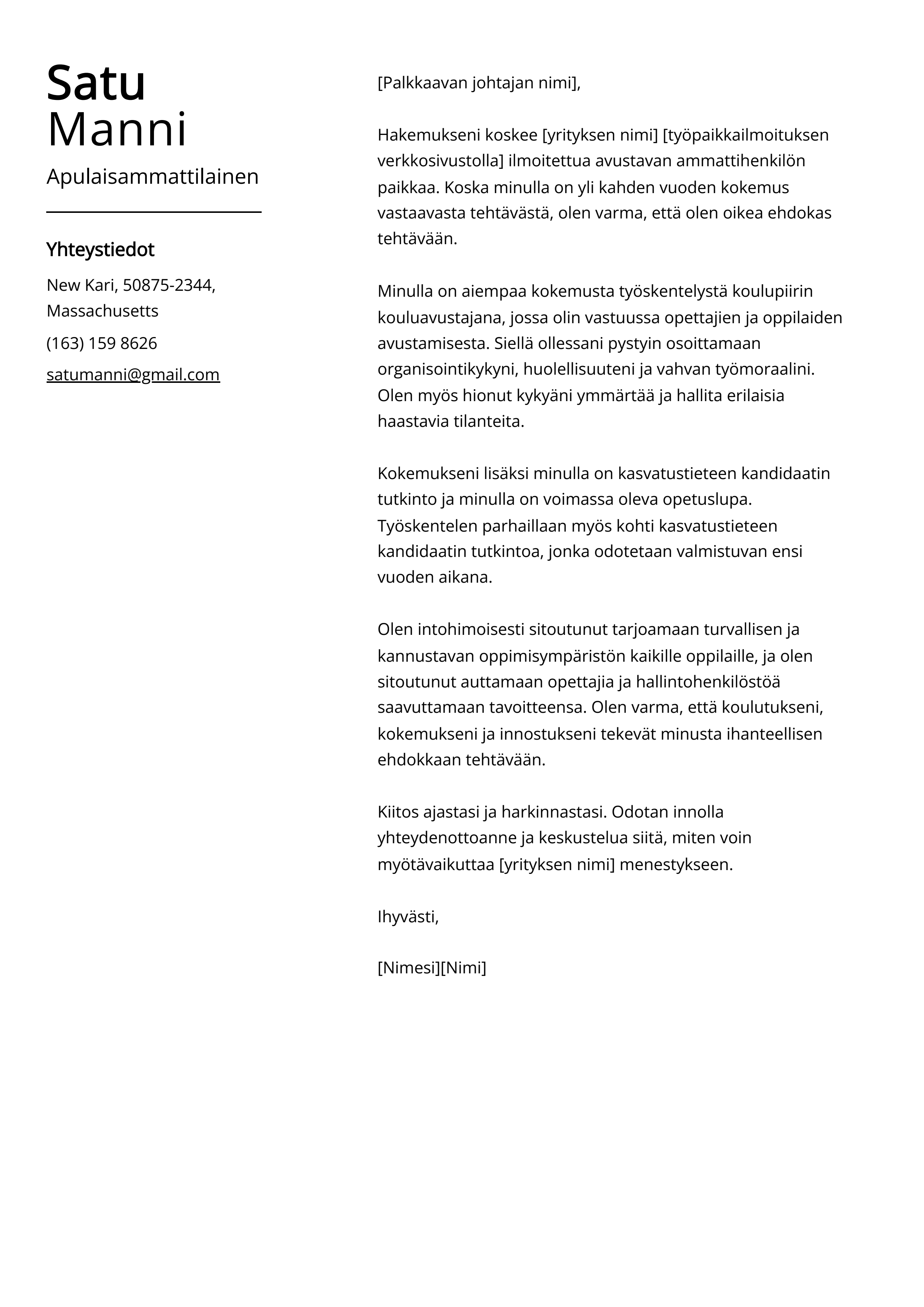 Apulaisammattilainen Saatekirje Esimerkkej malli 20 Vinkki 