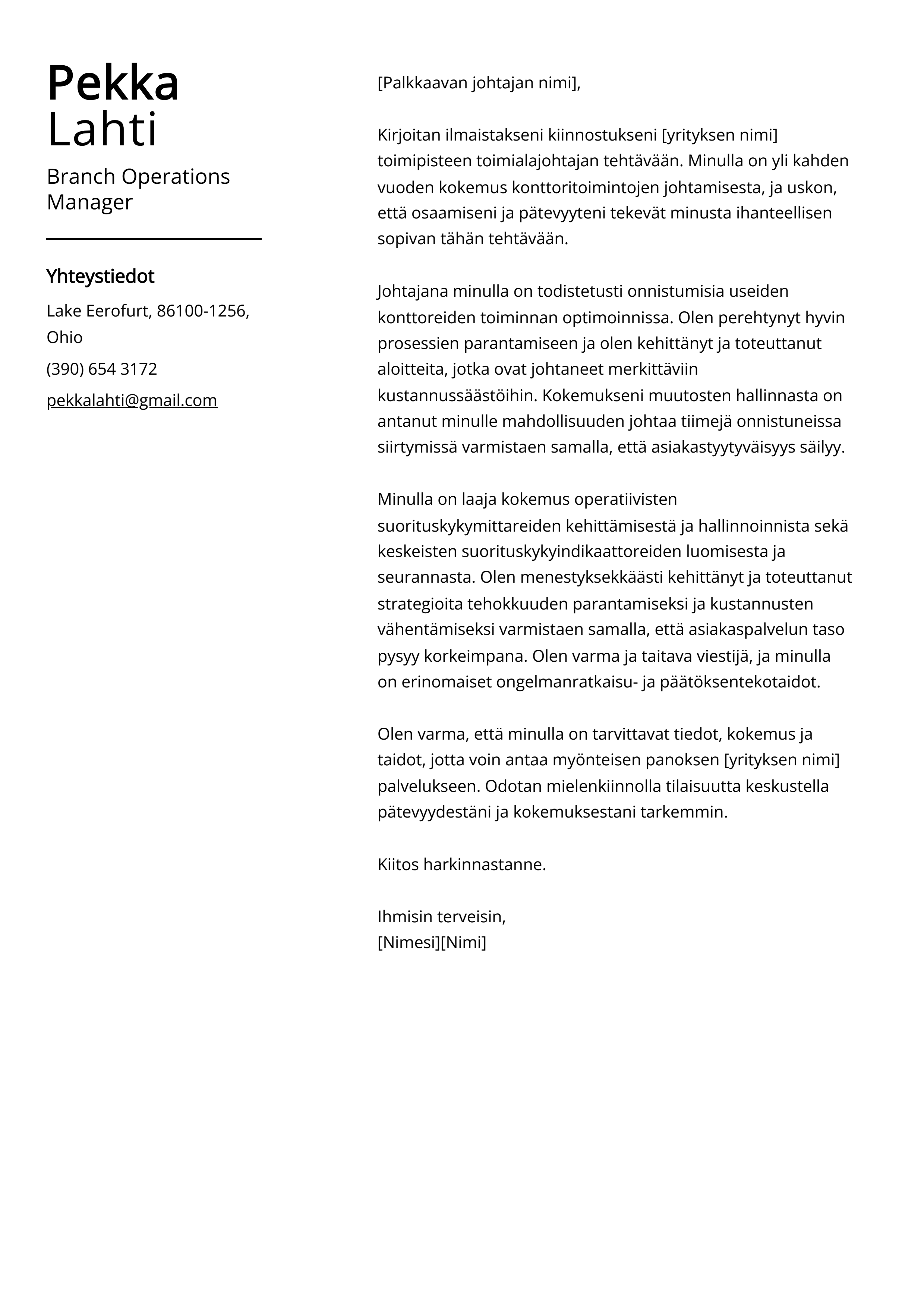 Branch Operations Manager Saatekirje esimerkki