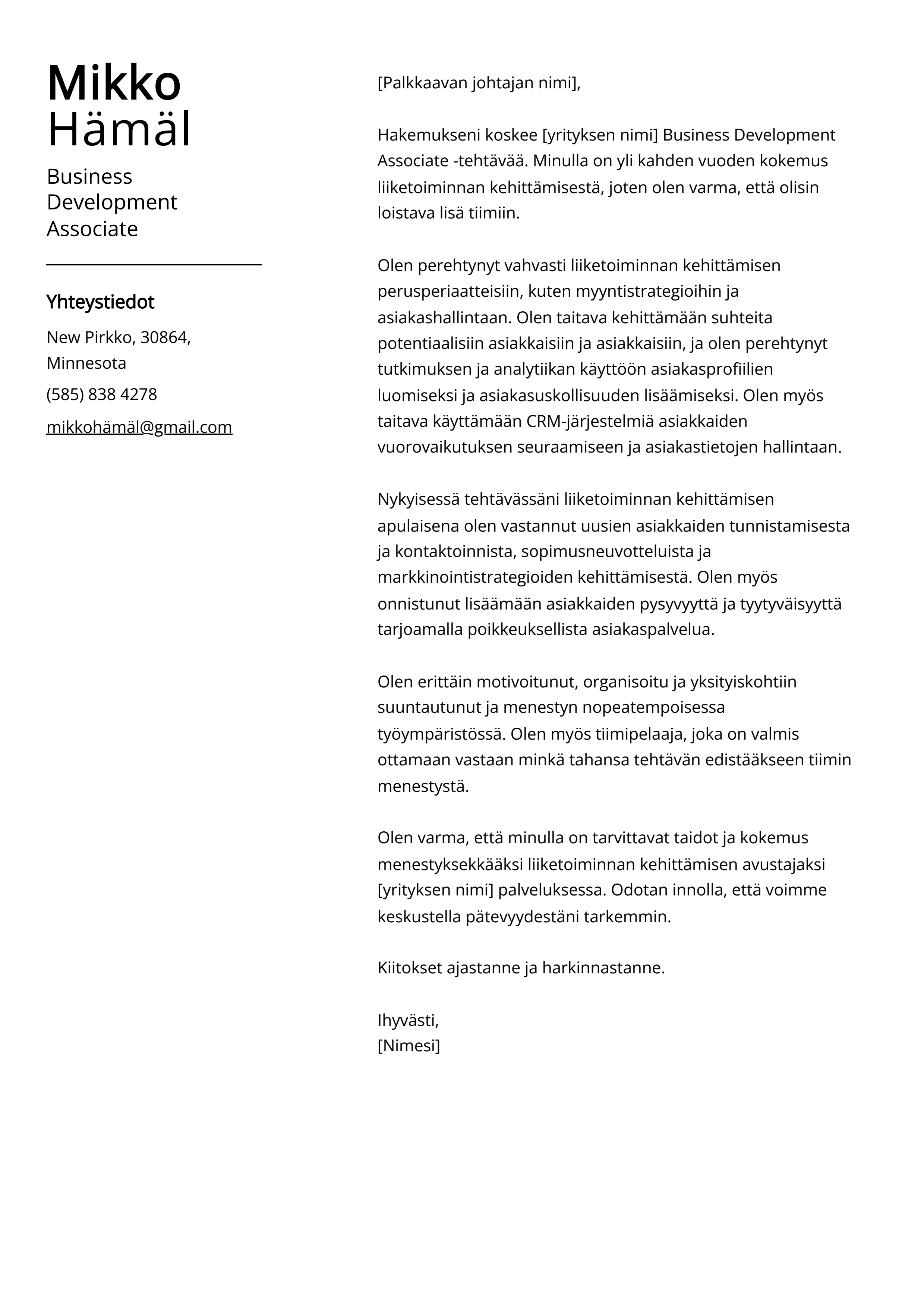 Business Development Associate Saatekirje esimerkki