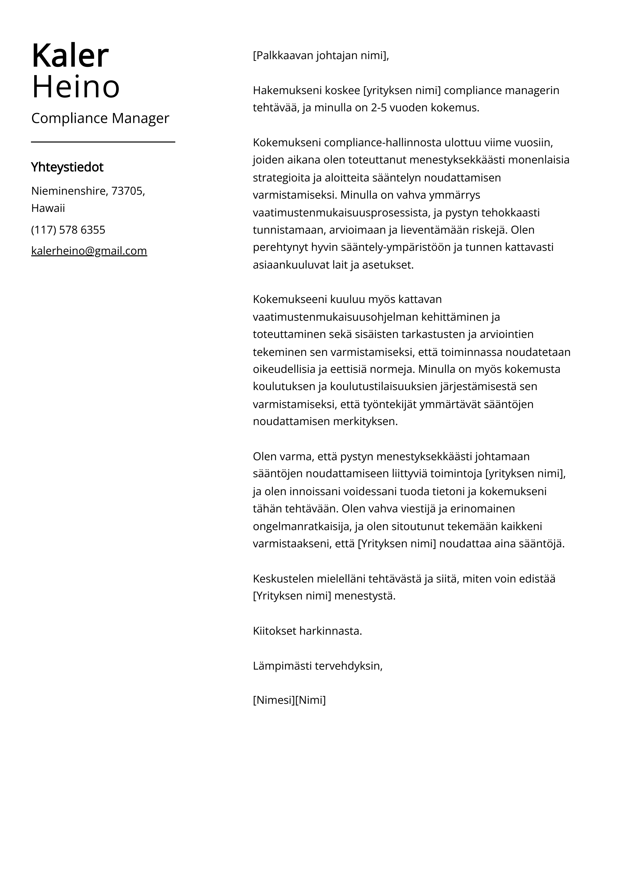 Compliance Manager Saatekirje esimerkki