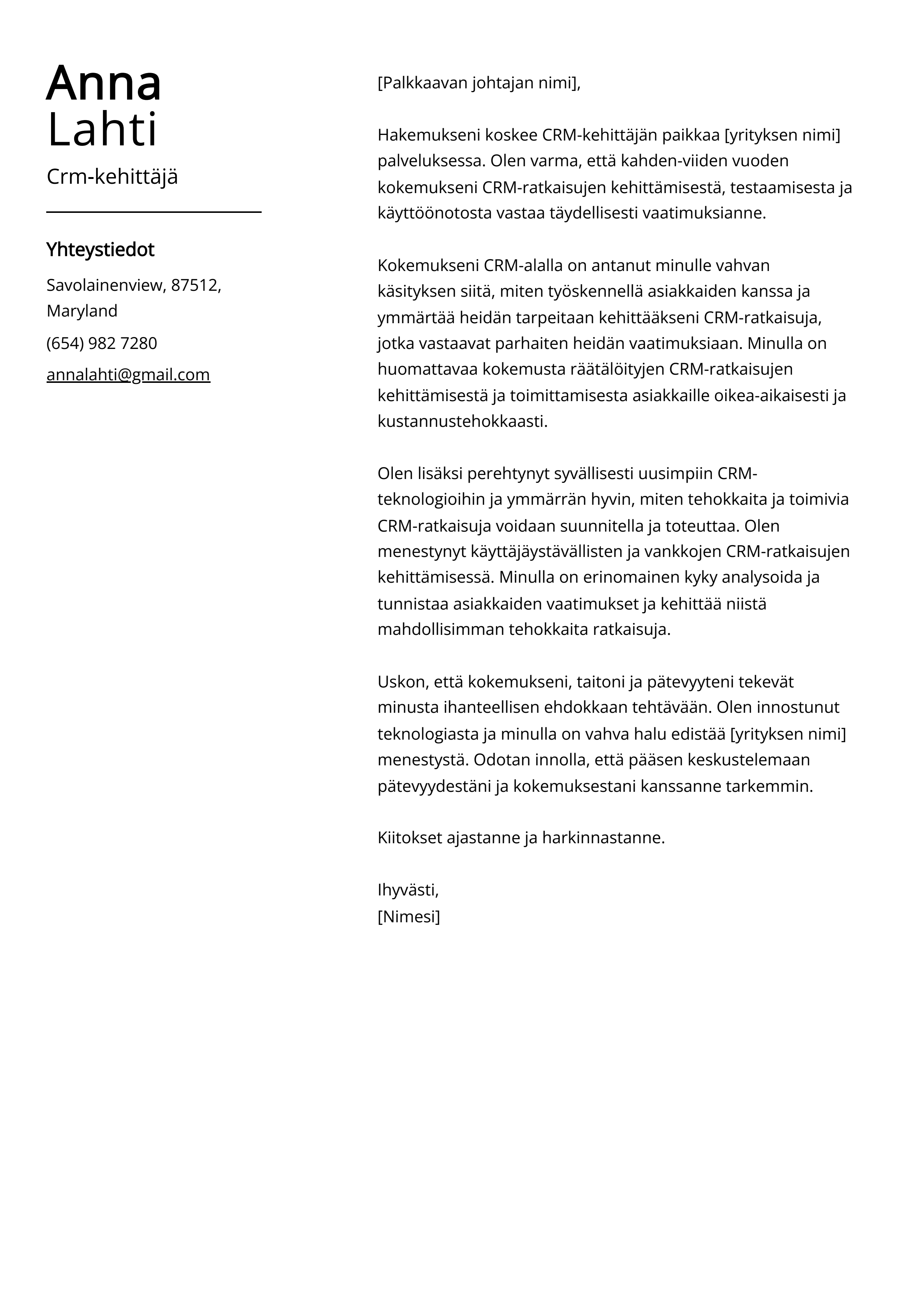 Crm-kehittäjä Saatekirje esimerkki