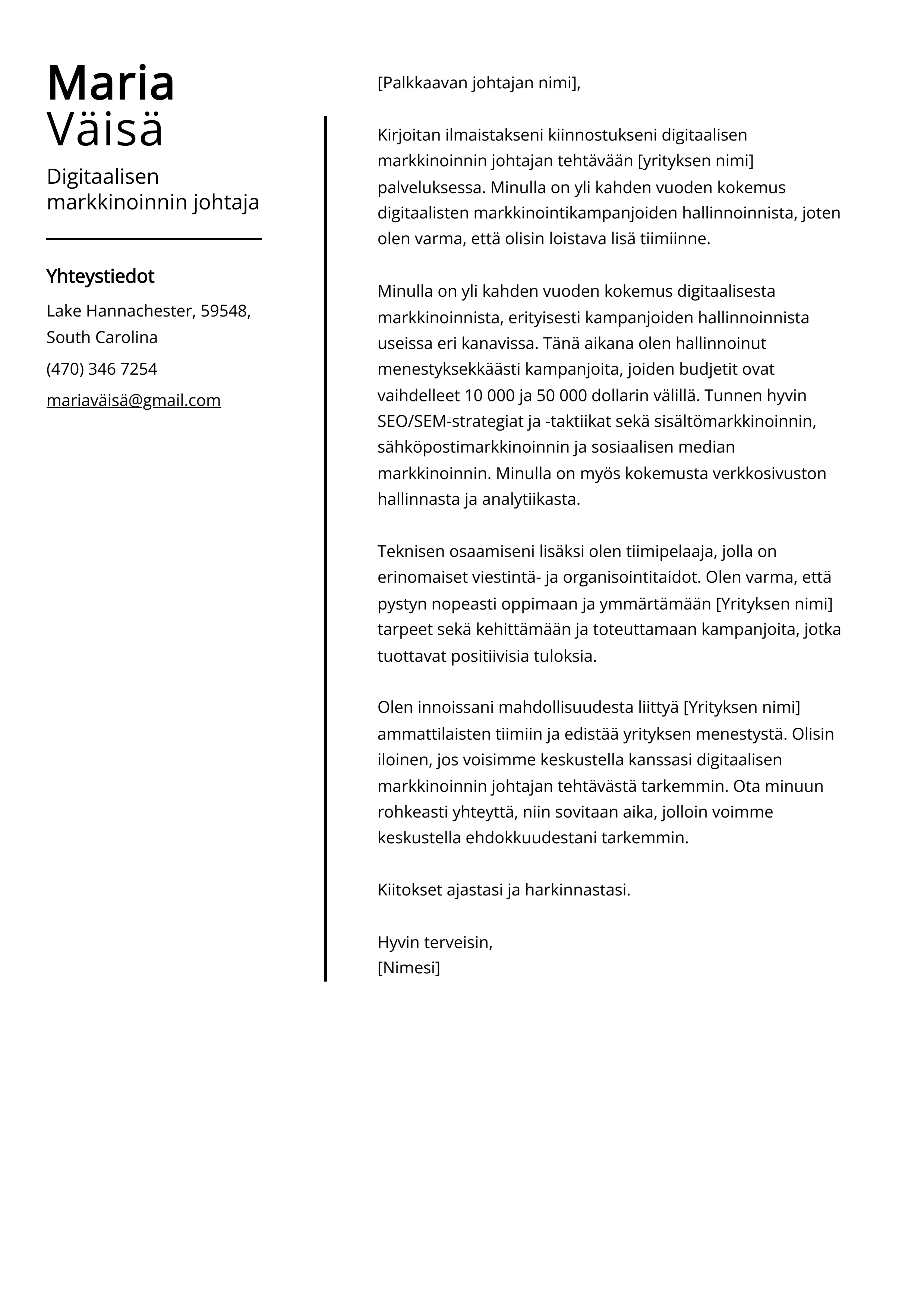 Digitaalisen markkinoinnin johtaja Cover Letter Example