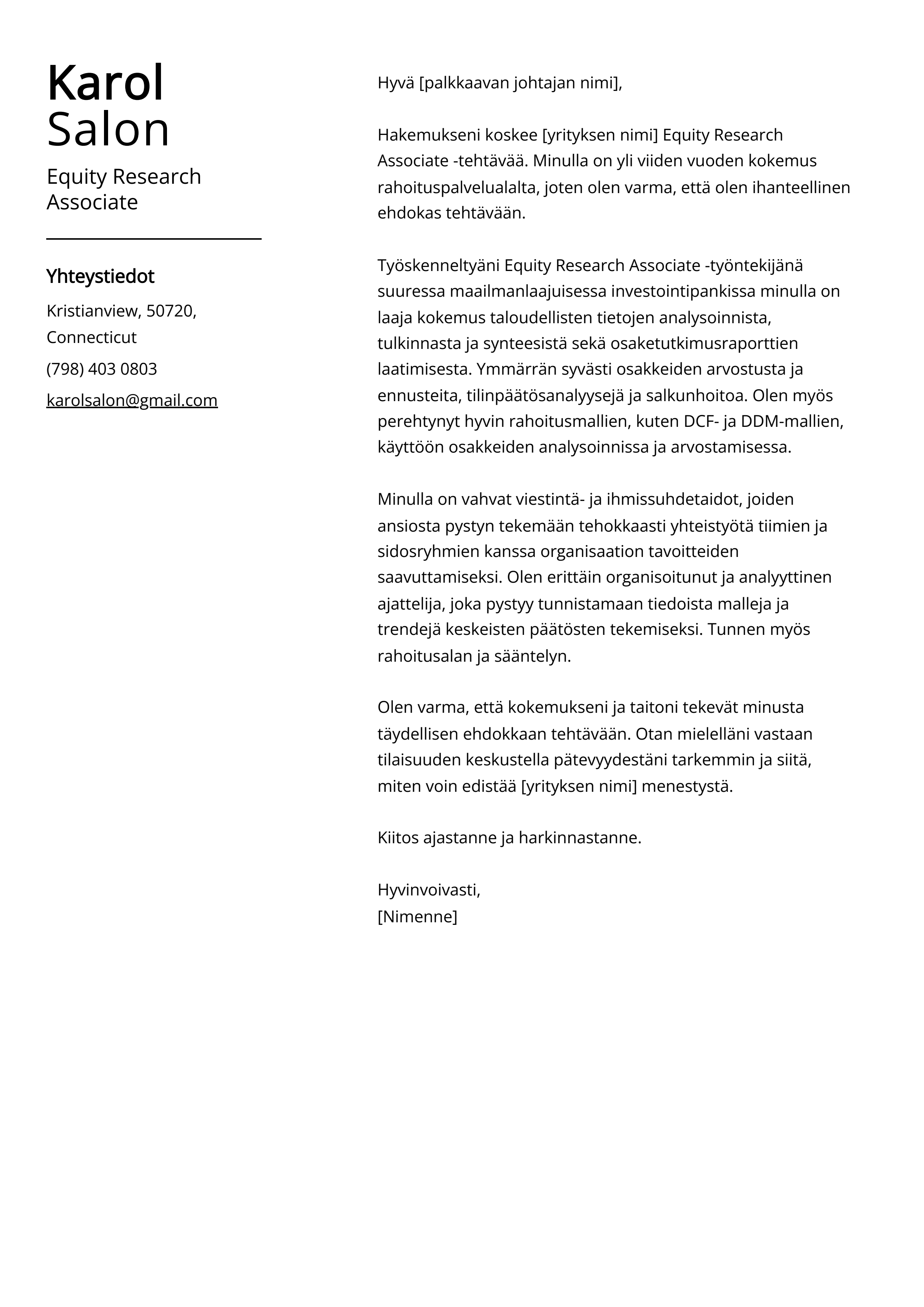 Equity Research Associate Saatekirje esimerkki