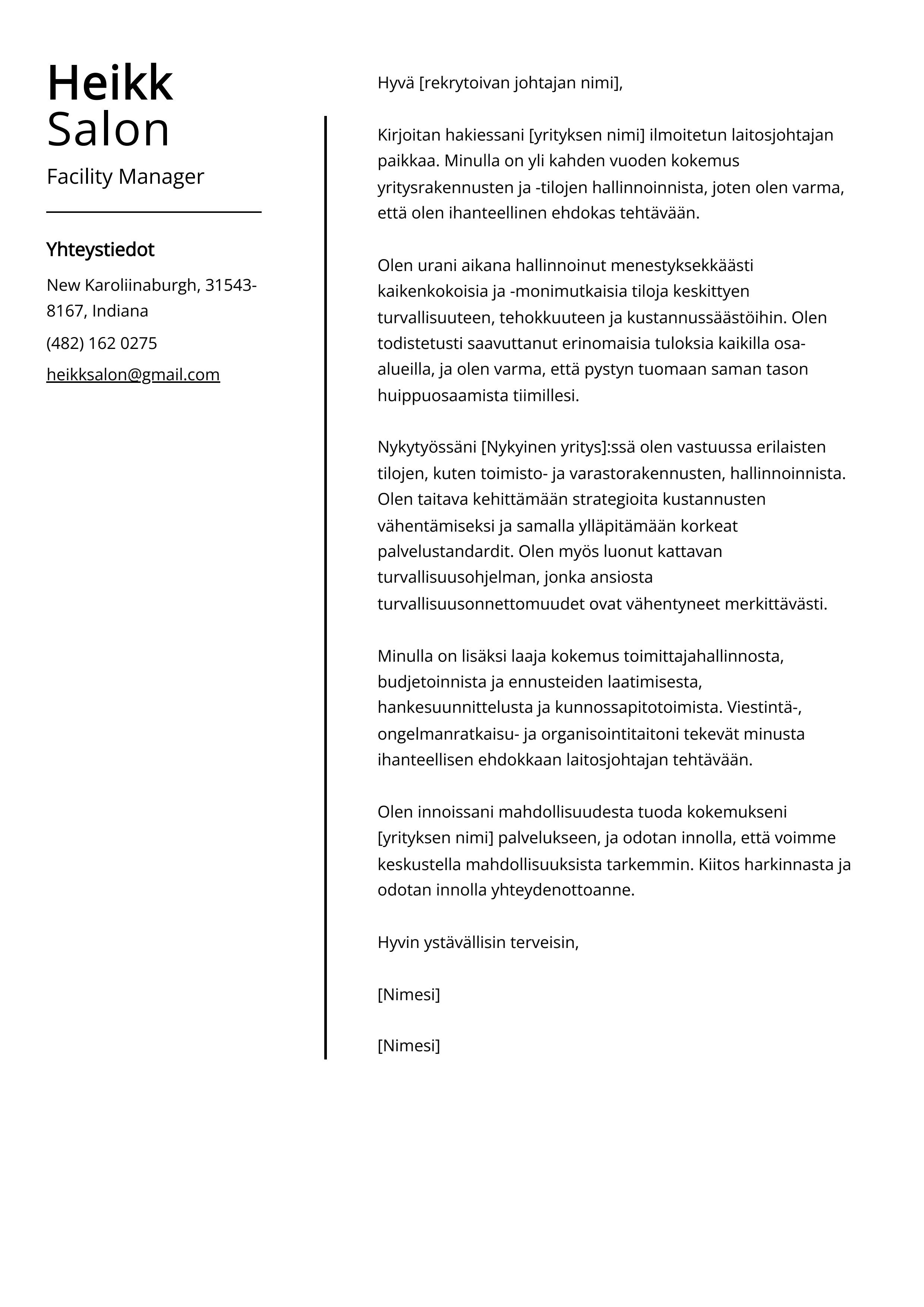 Facility Manager Saatekirje esimerkki