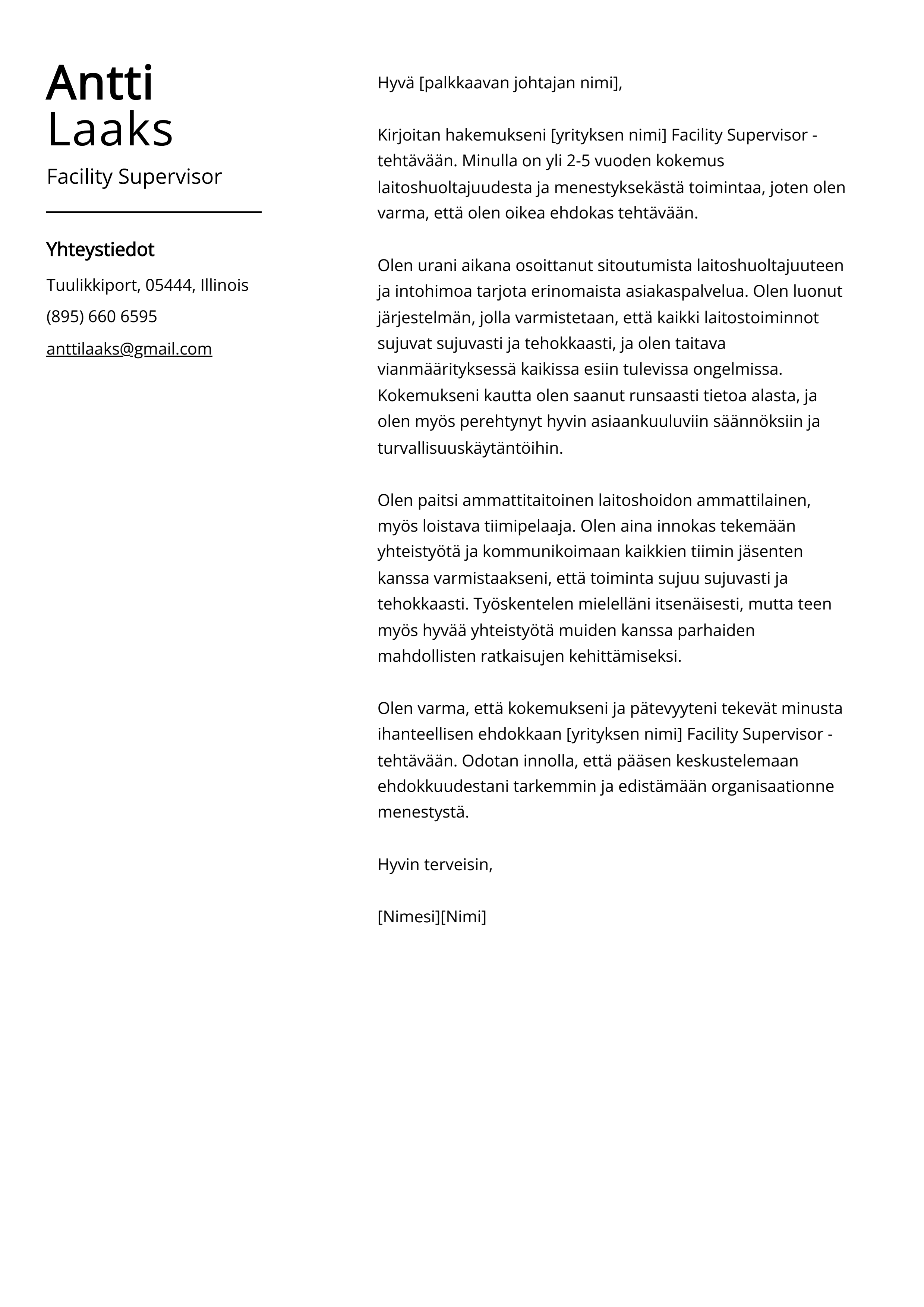 Facility Supervisor Saatekirje esimerkki