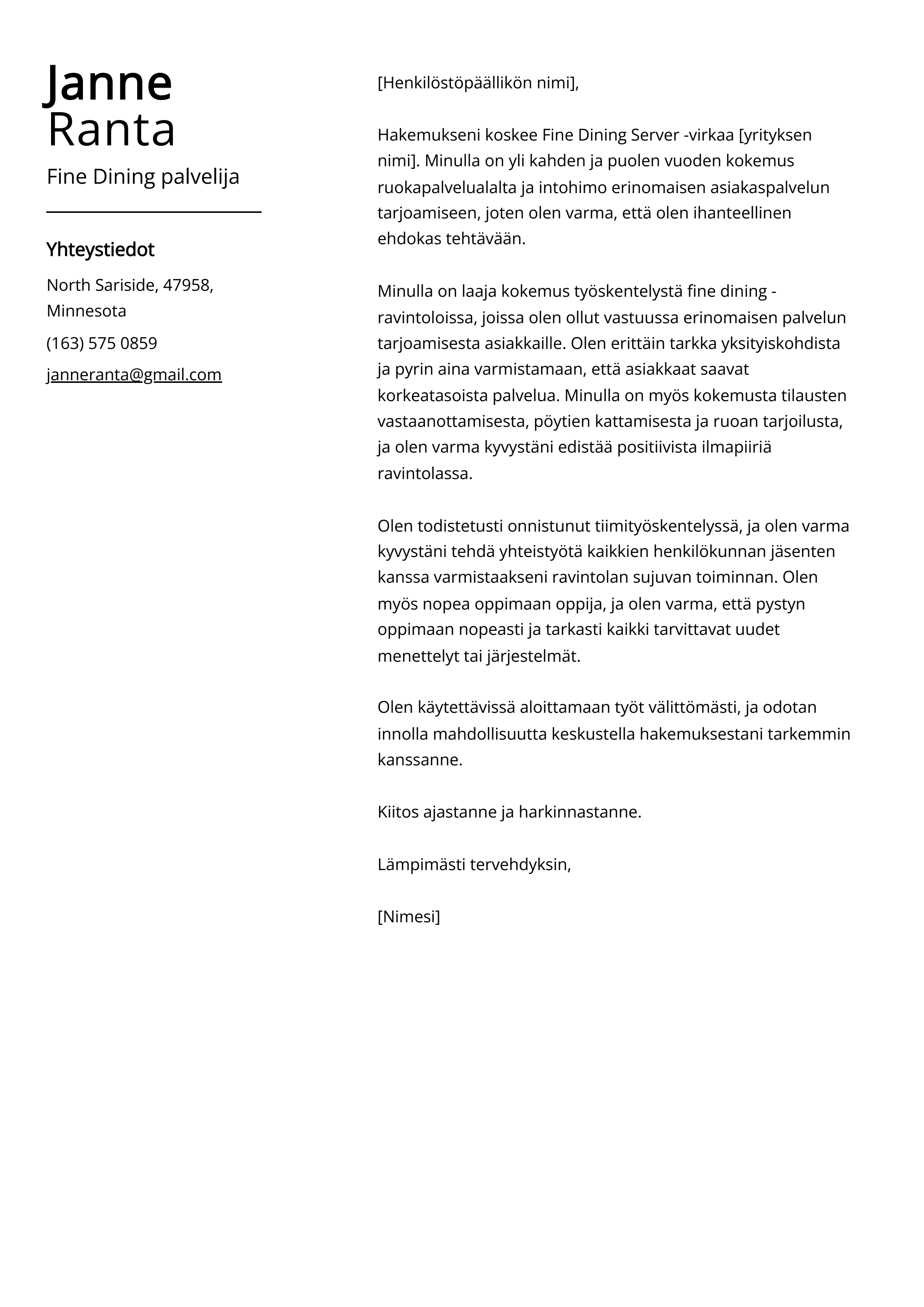 Fine Dining palvelija Cover Letter Esimerkki