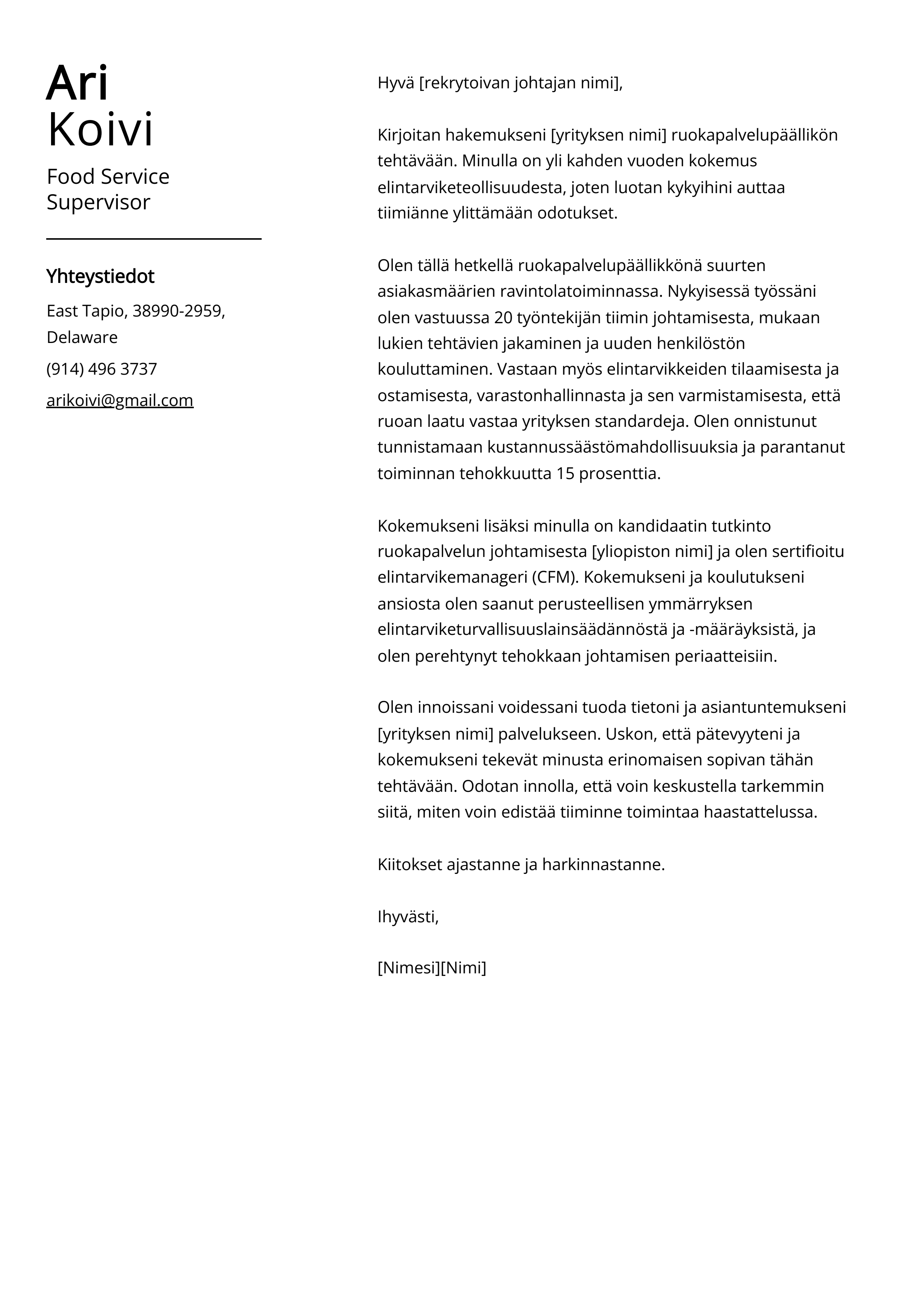 Food Service Supervisor Saatekirje esimerkki