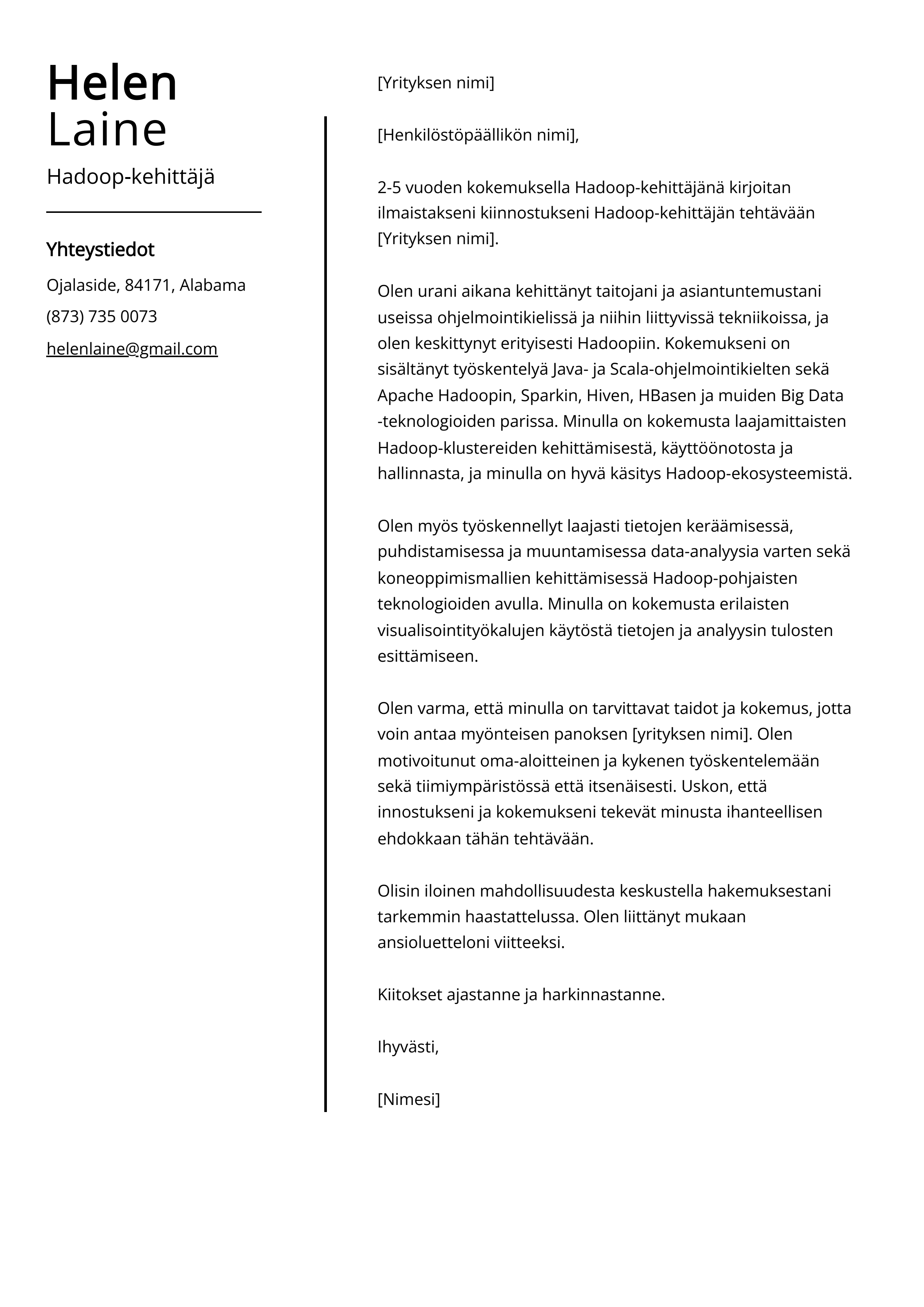 Hadoop-kehittäjä Saatekirje esimerkki