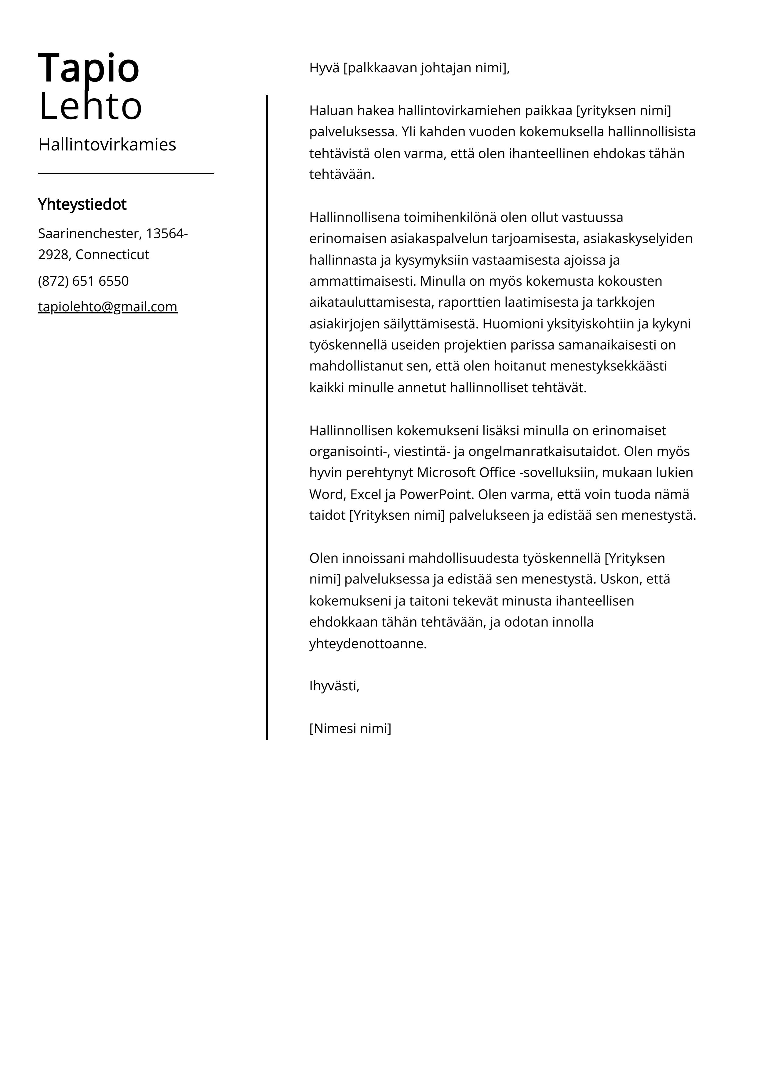 Hallintovirkamies Saatekirje Esimerkki Vuodelle 2024