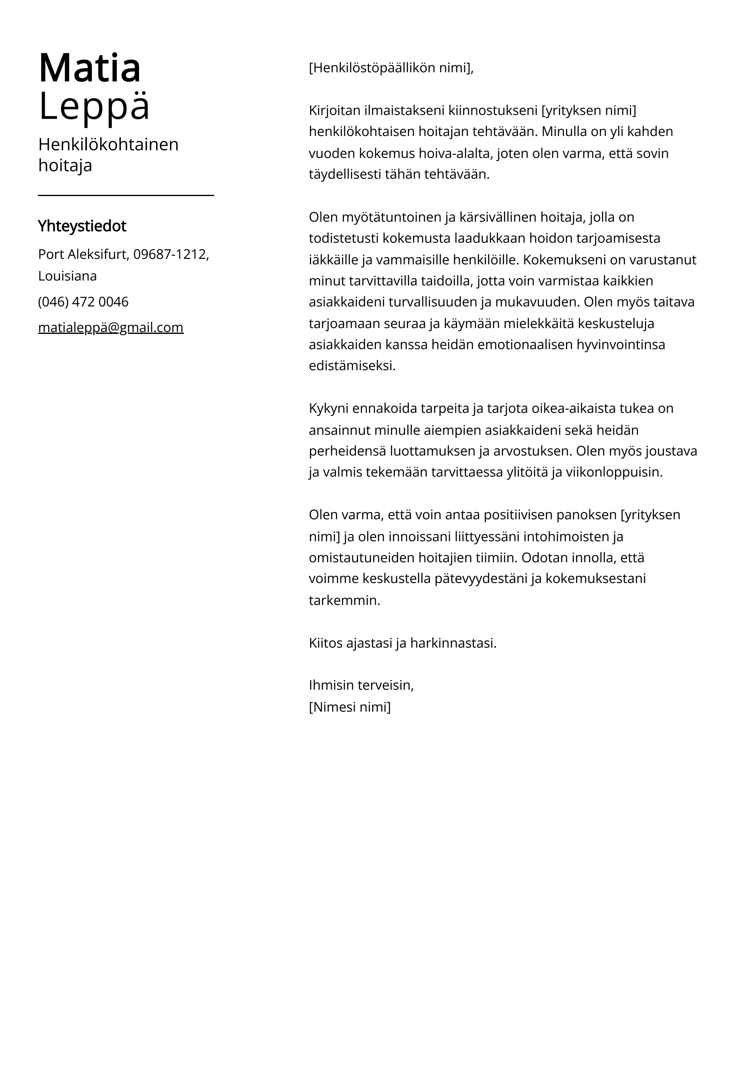 Henkil kohtainen Hoitaja Saatekirje Esimerkkej malli 20 Vinkki 