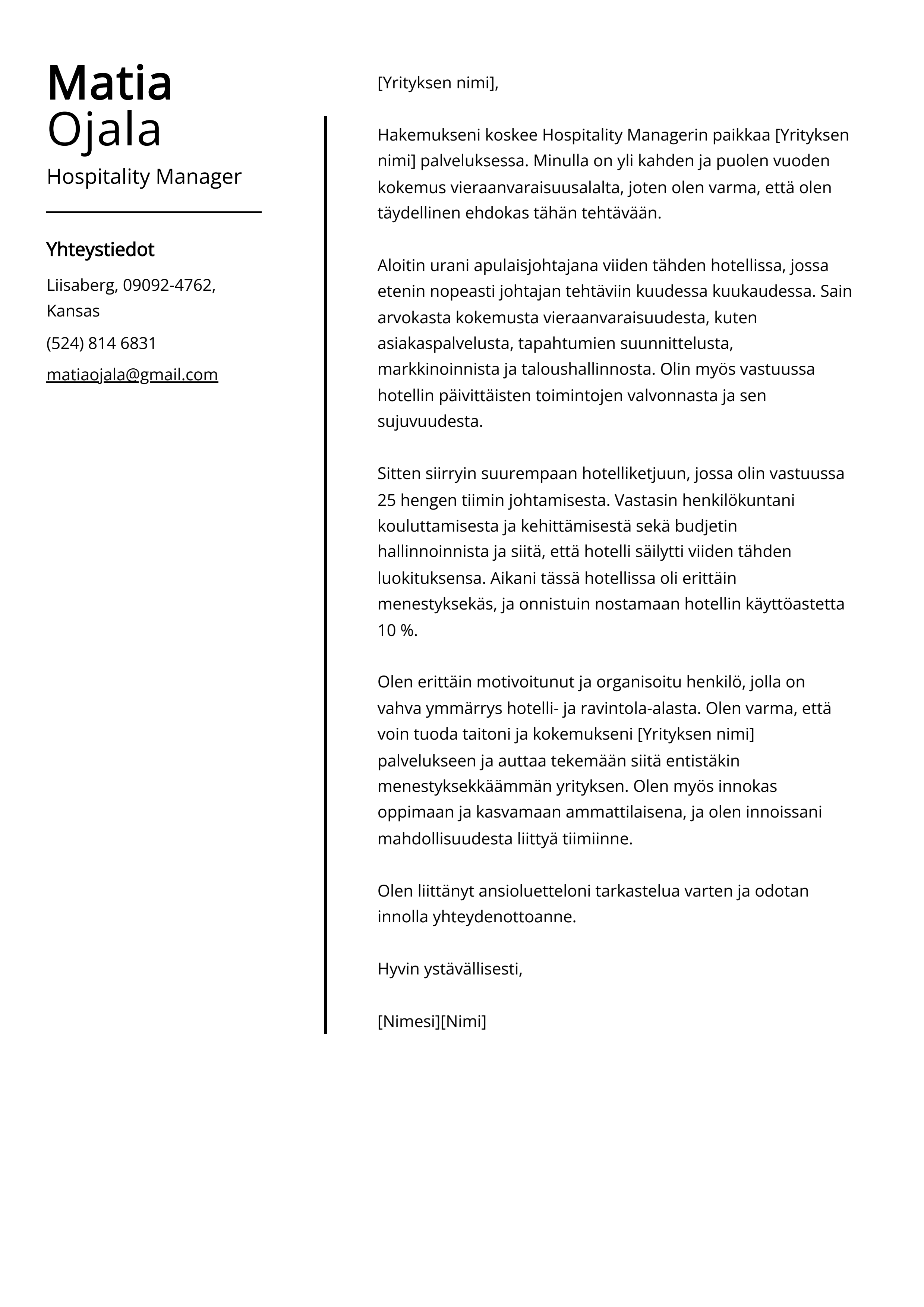 Hospitality Manager Saatekirje esimerkki