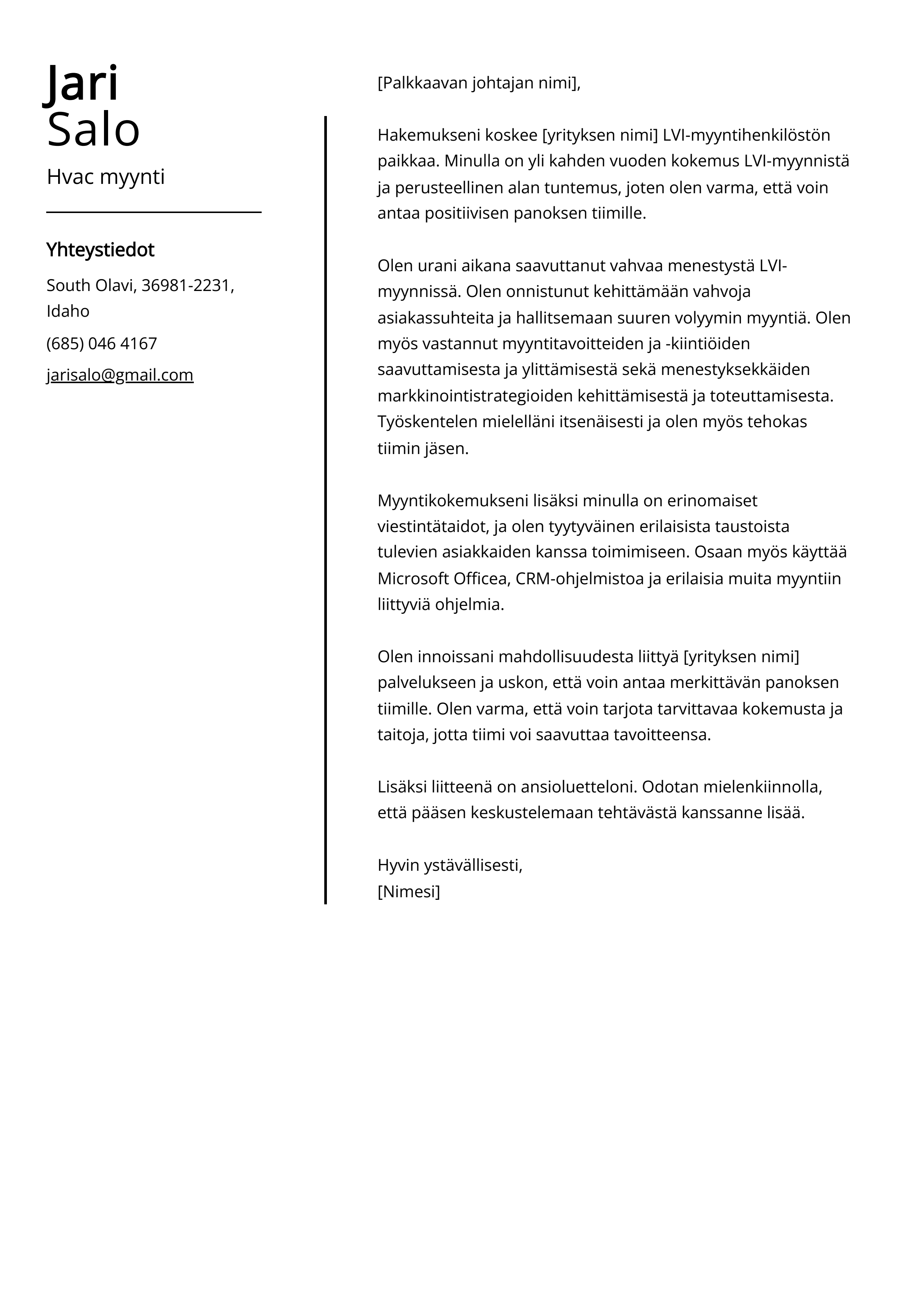 Hvac myynti Cover Letter Esimerkki