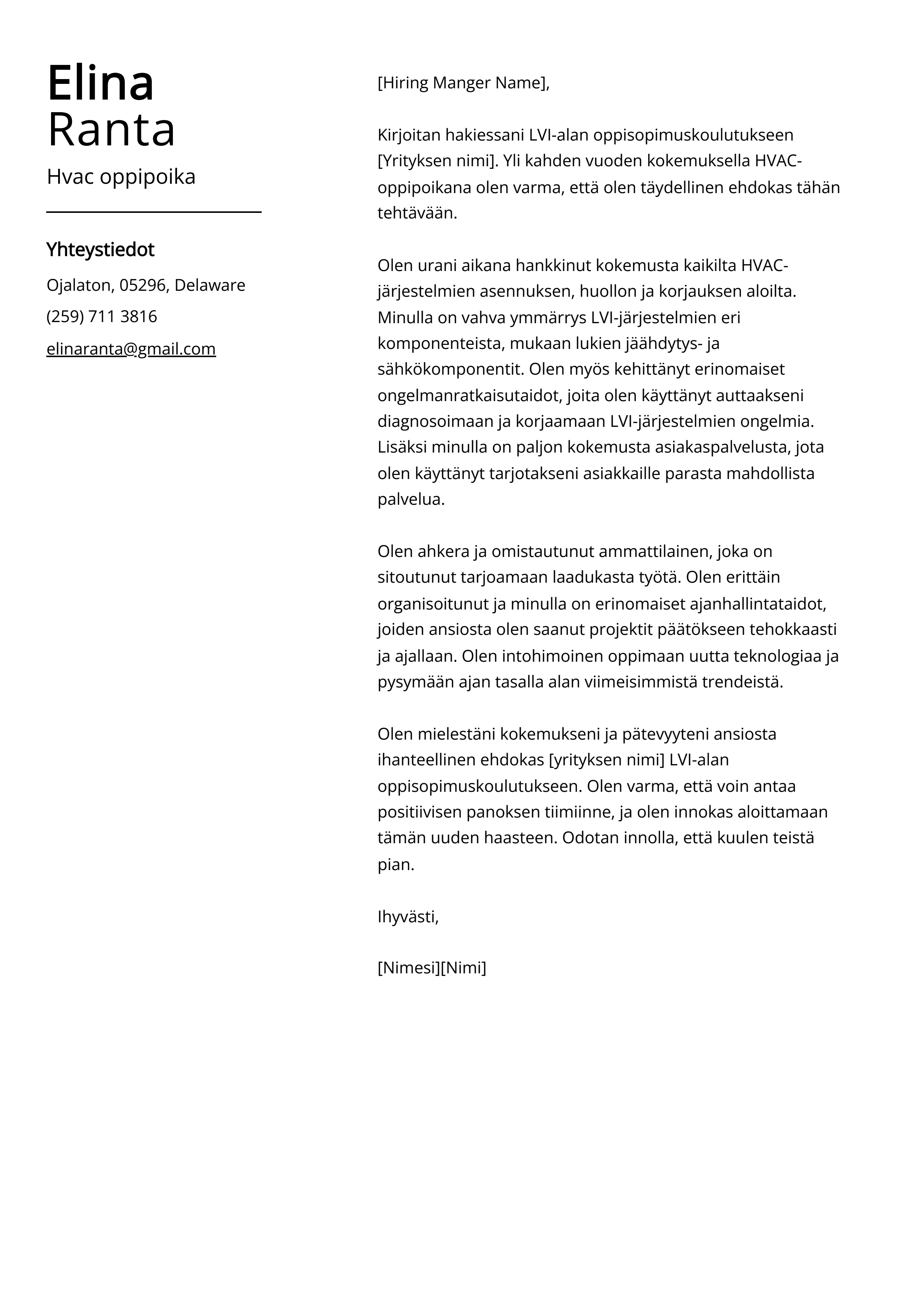 Hvac oppipoika Cover Letter Esimerkki