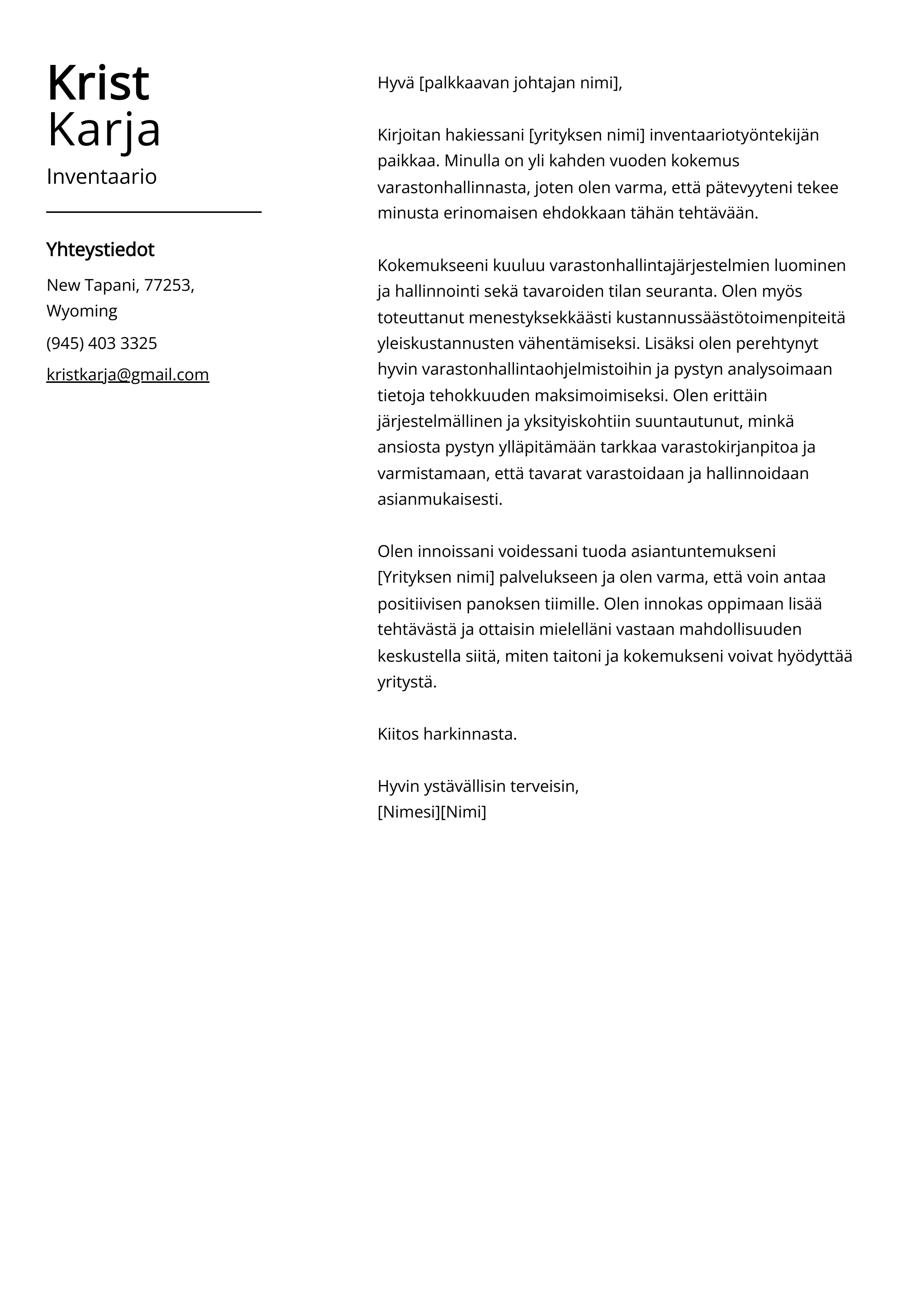 Inventaario Cover Letter Esimerkki