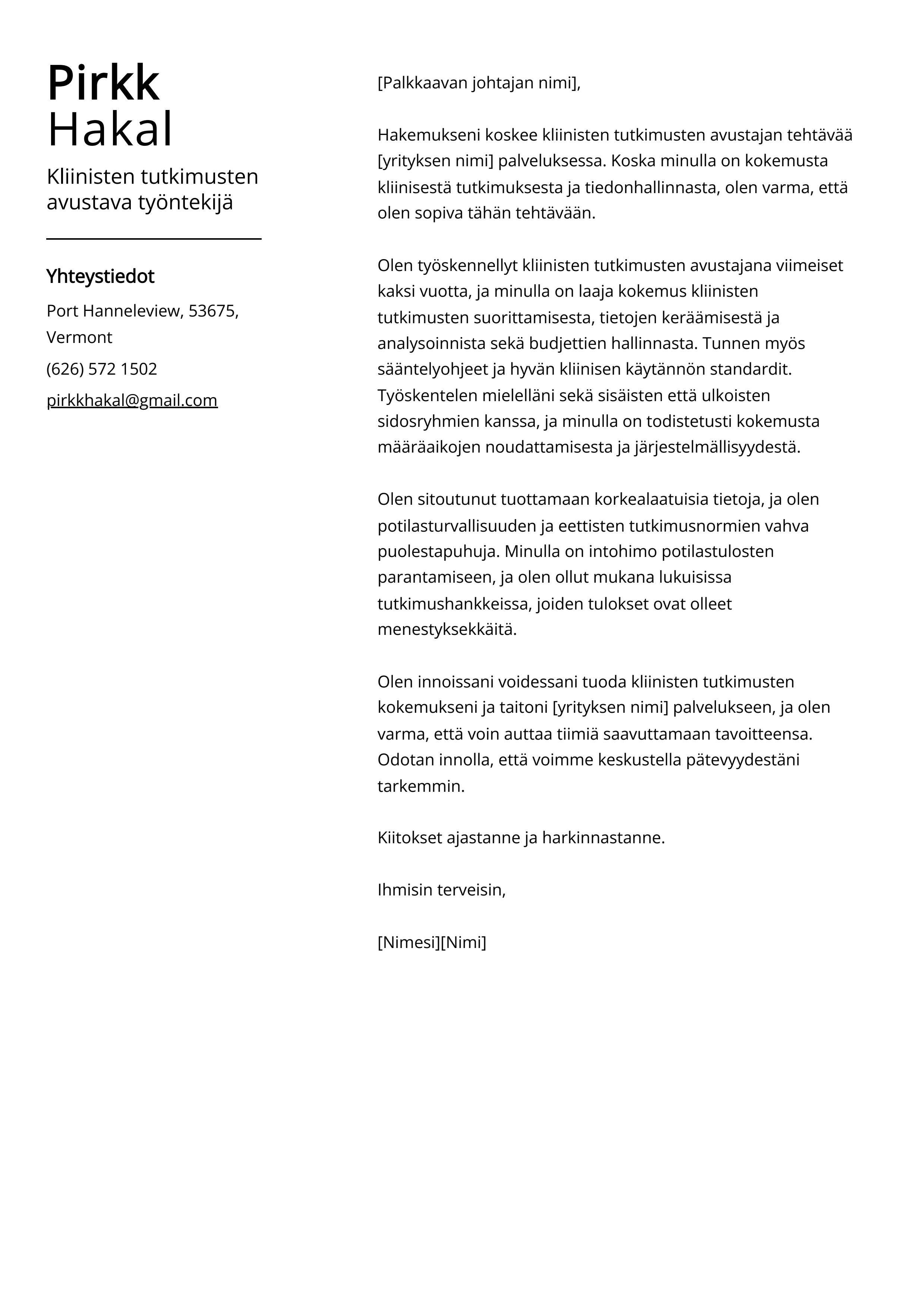 Kliinisten tutkimusten avustava työntekijä Cover Letter Example