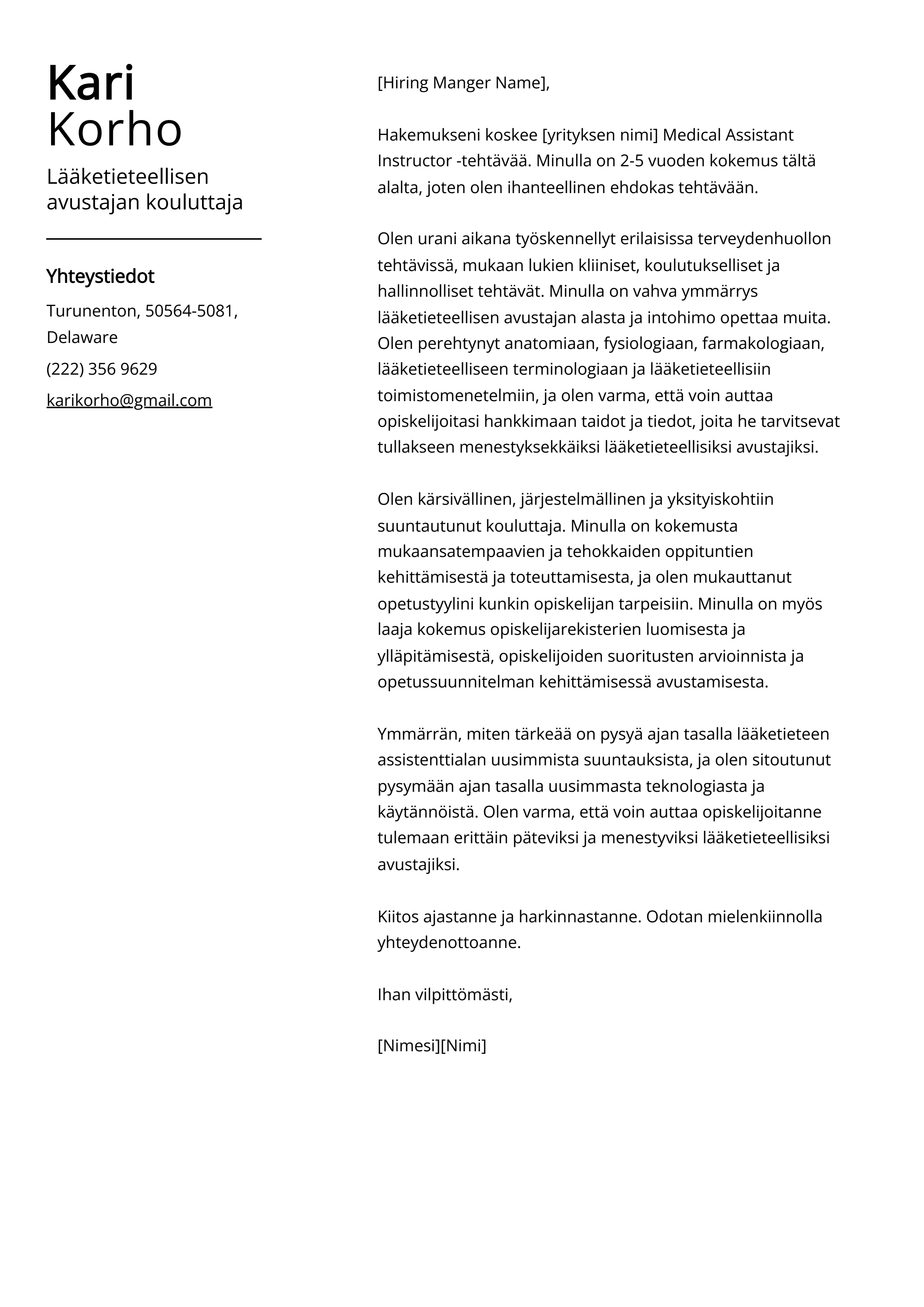 Lääketieteellisen avustajan kouluttaja Cover Letter Example