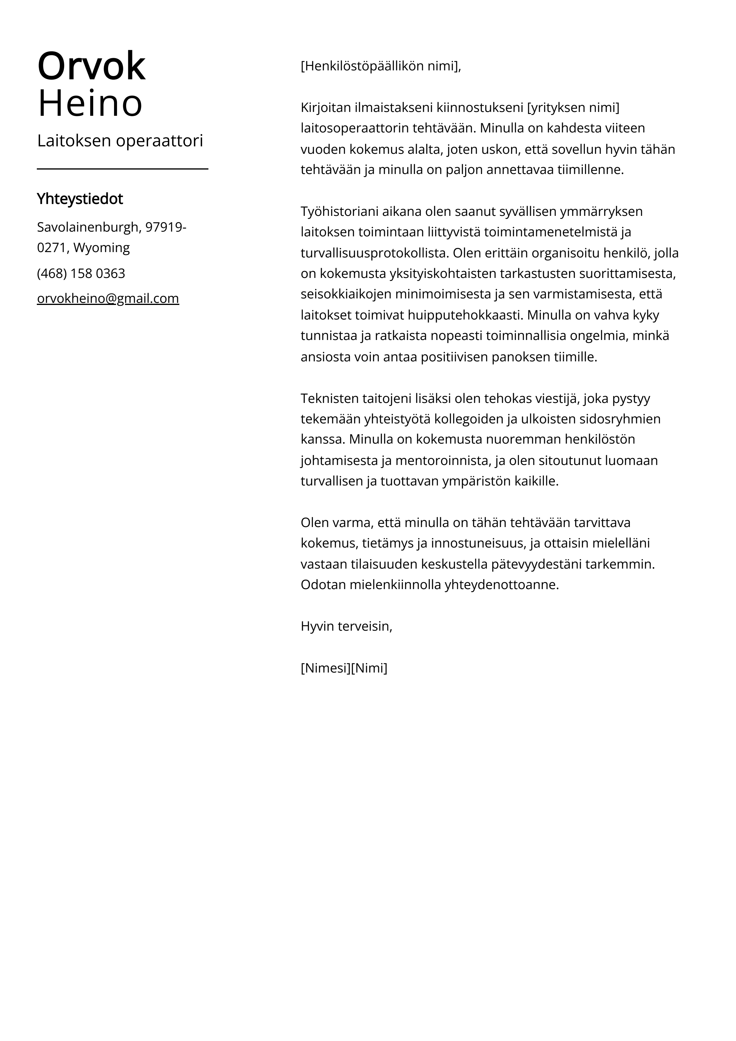 Laitoksen operaattori Cover Letter Esimerkki