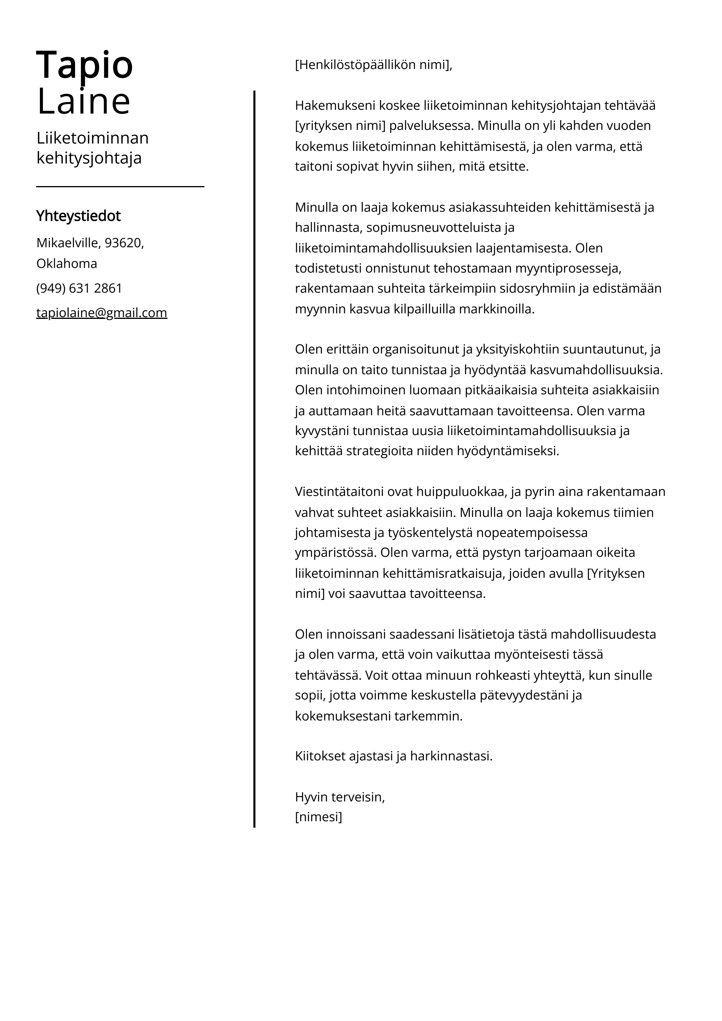 Liiketoiminnan kehitysjohtaja Cover Letter Example