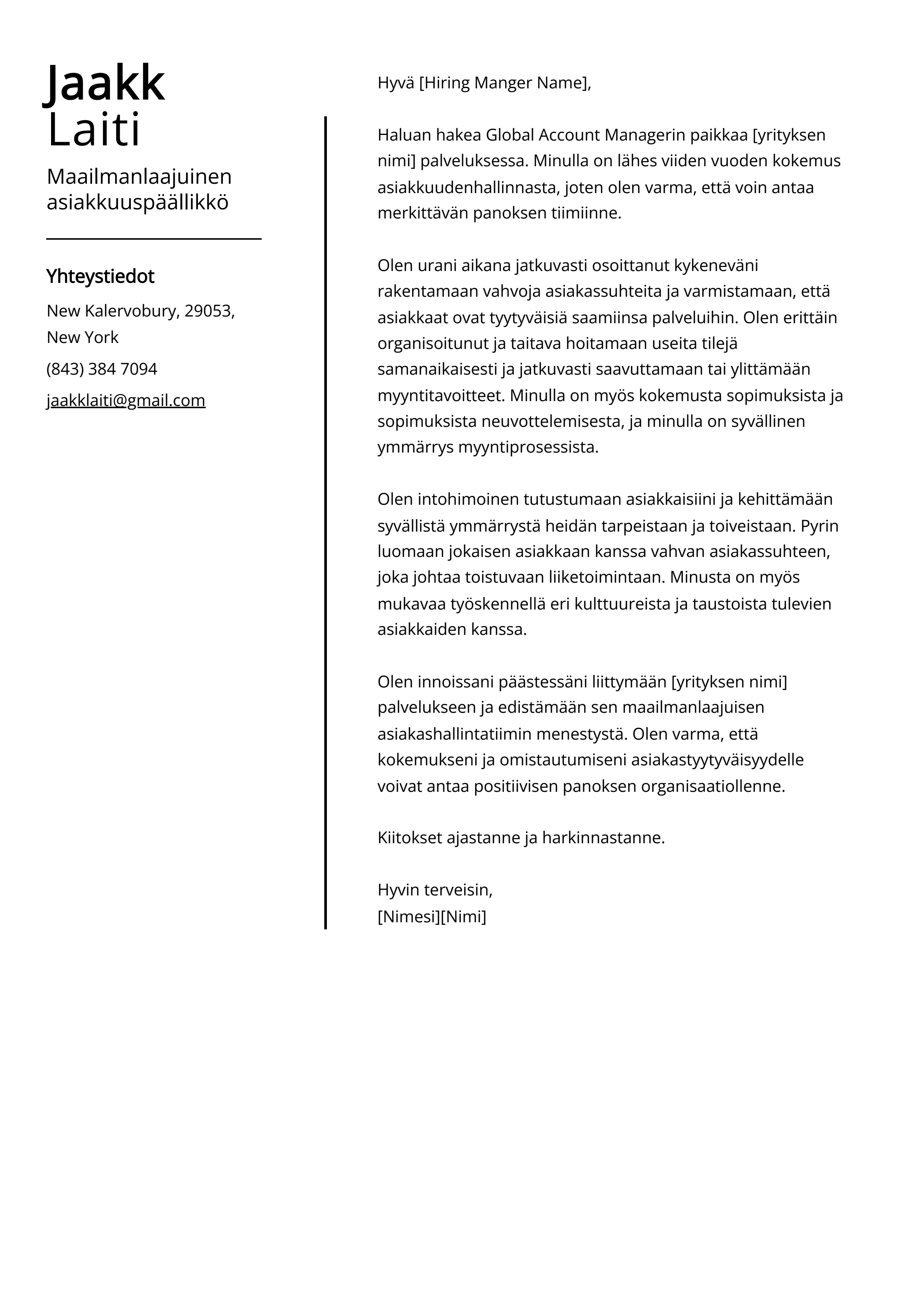 Maailmanlaajuinen asiakkuuspäällikkö Cover Letter Example