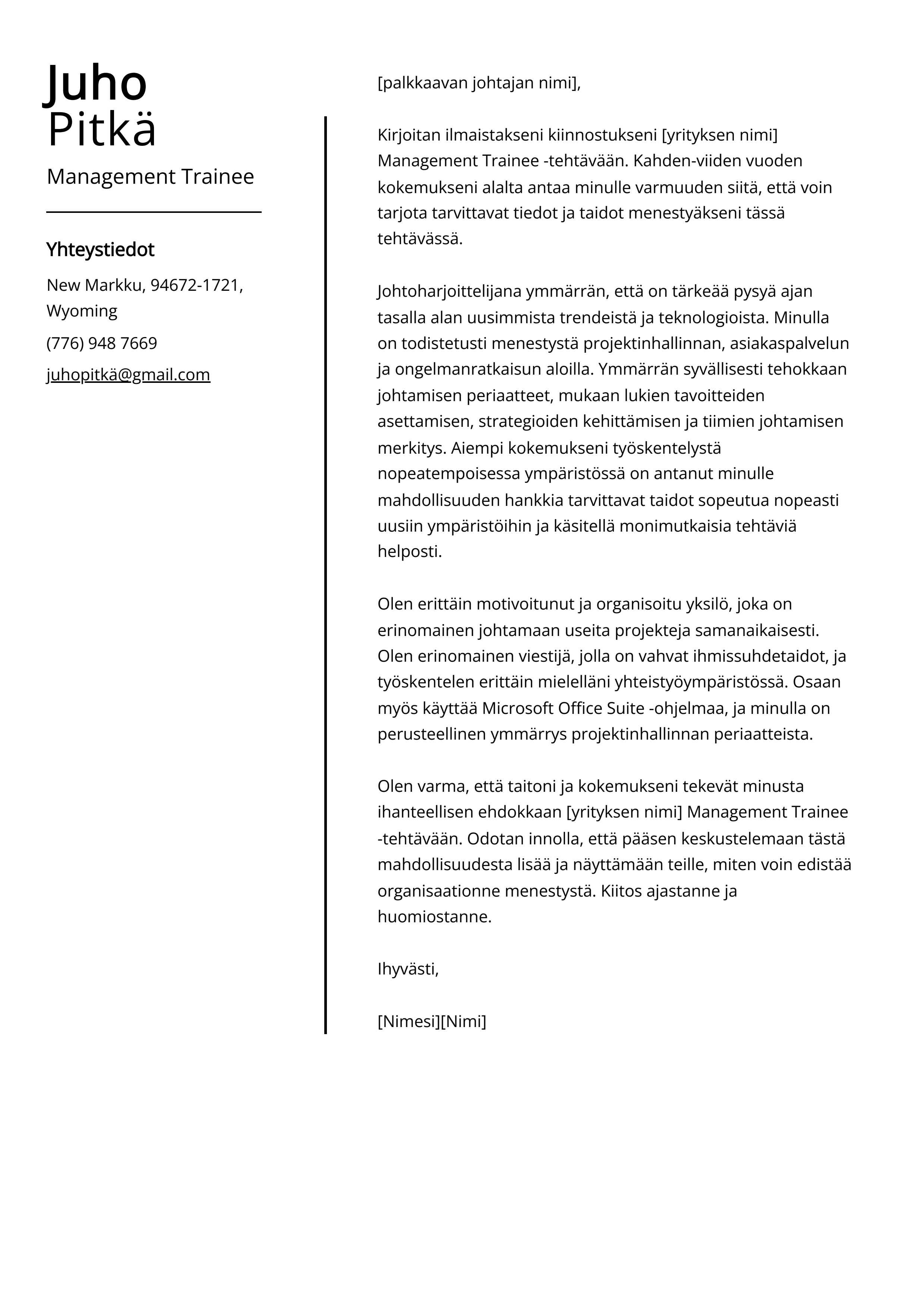 Management Trainee Saatekirje esimerkki