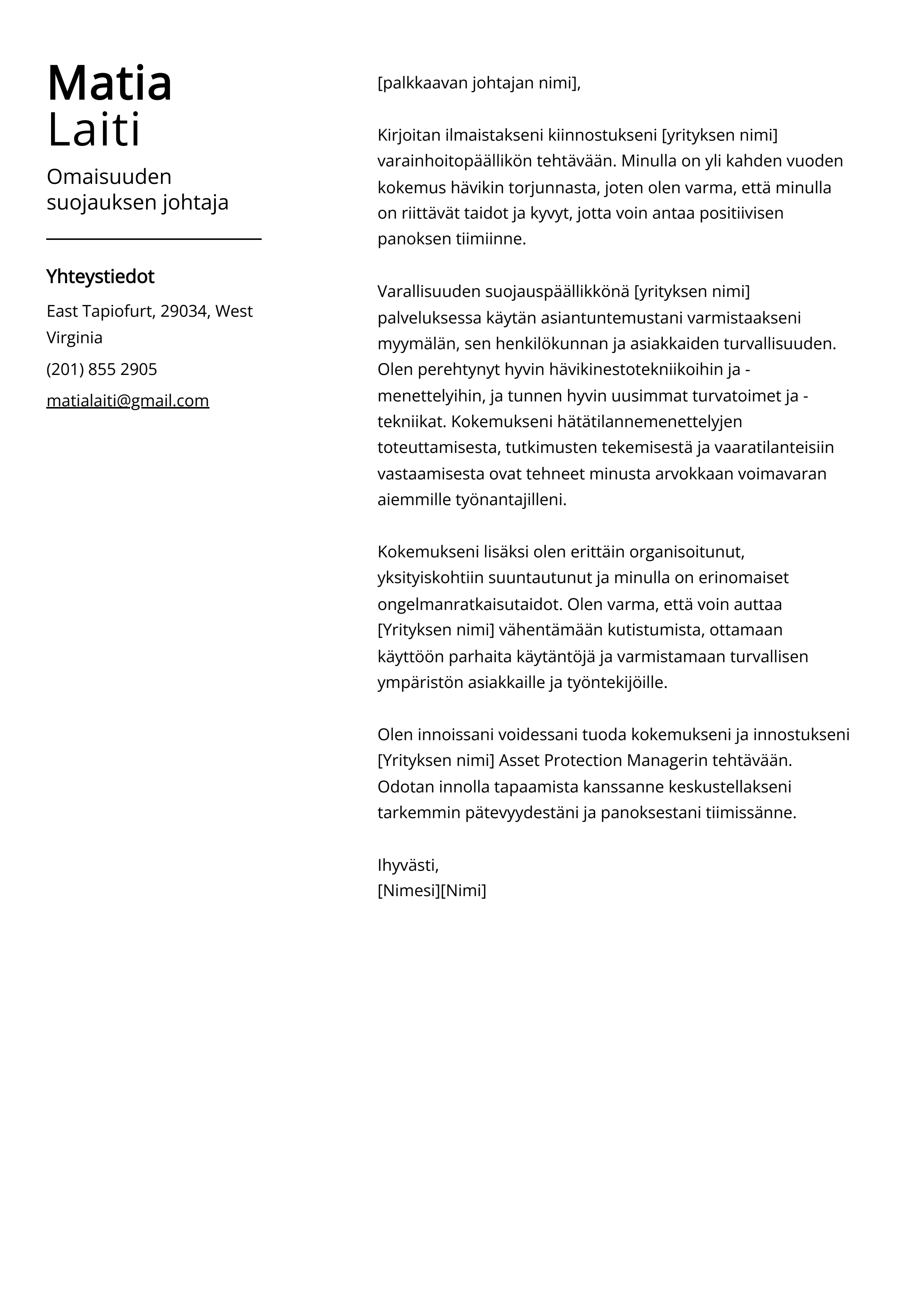 Omaisuuden suojauksen johtaja Cover Letter Example