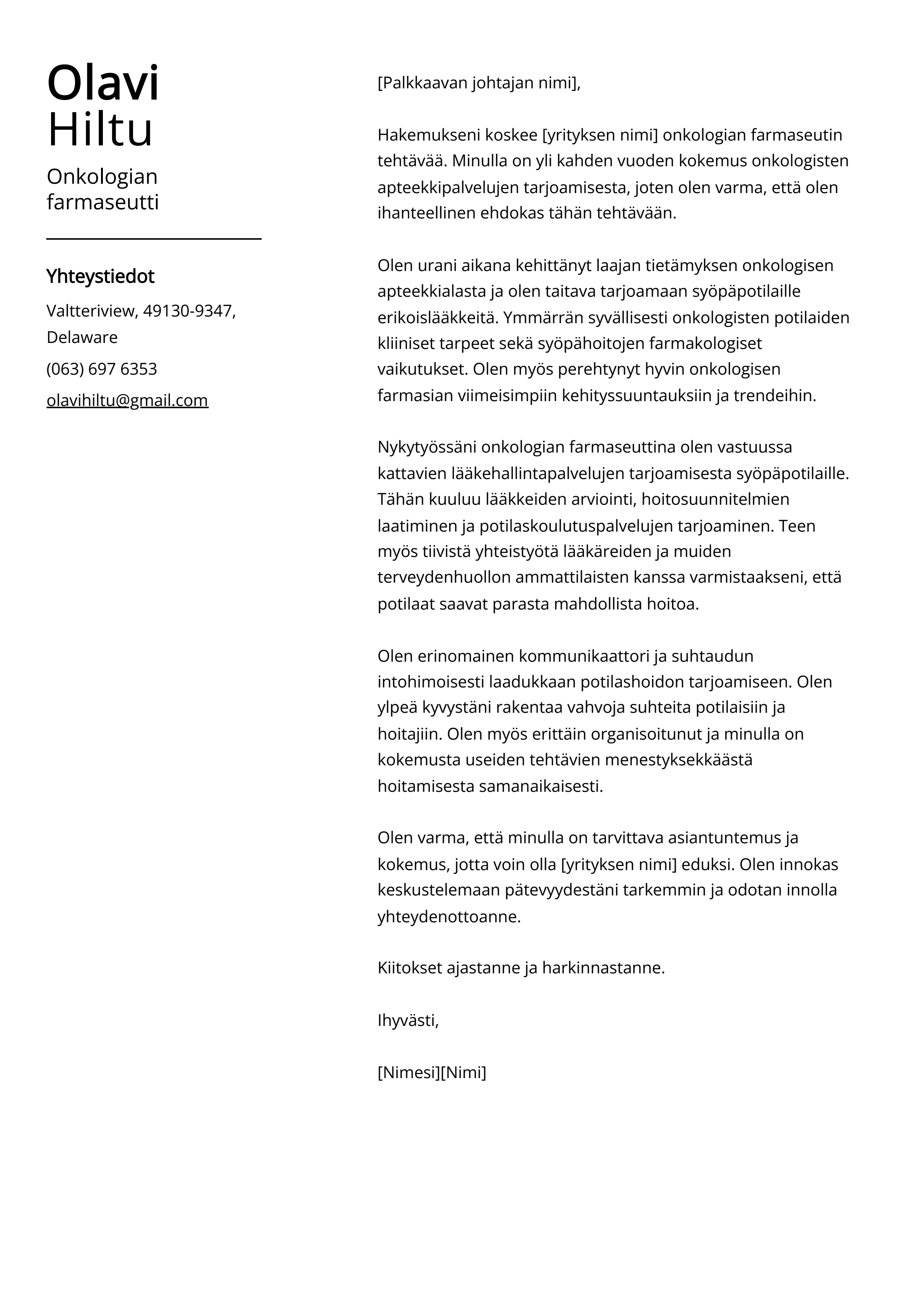 Onkologian farmaseutti Cover Letter Esimerkki