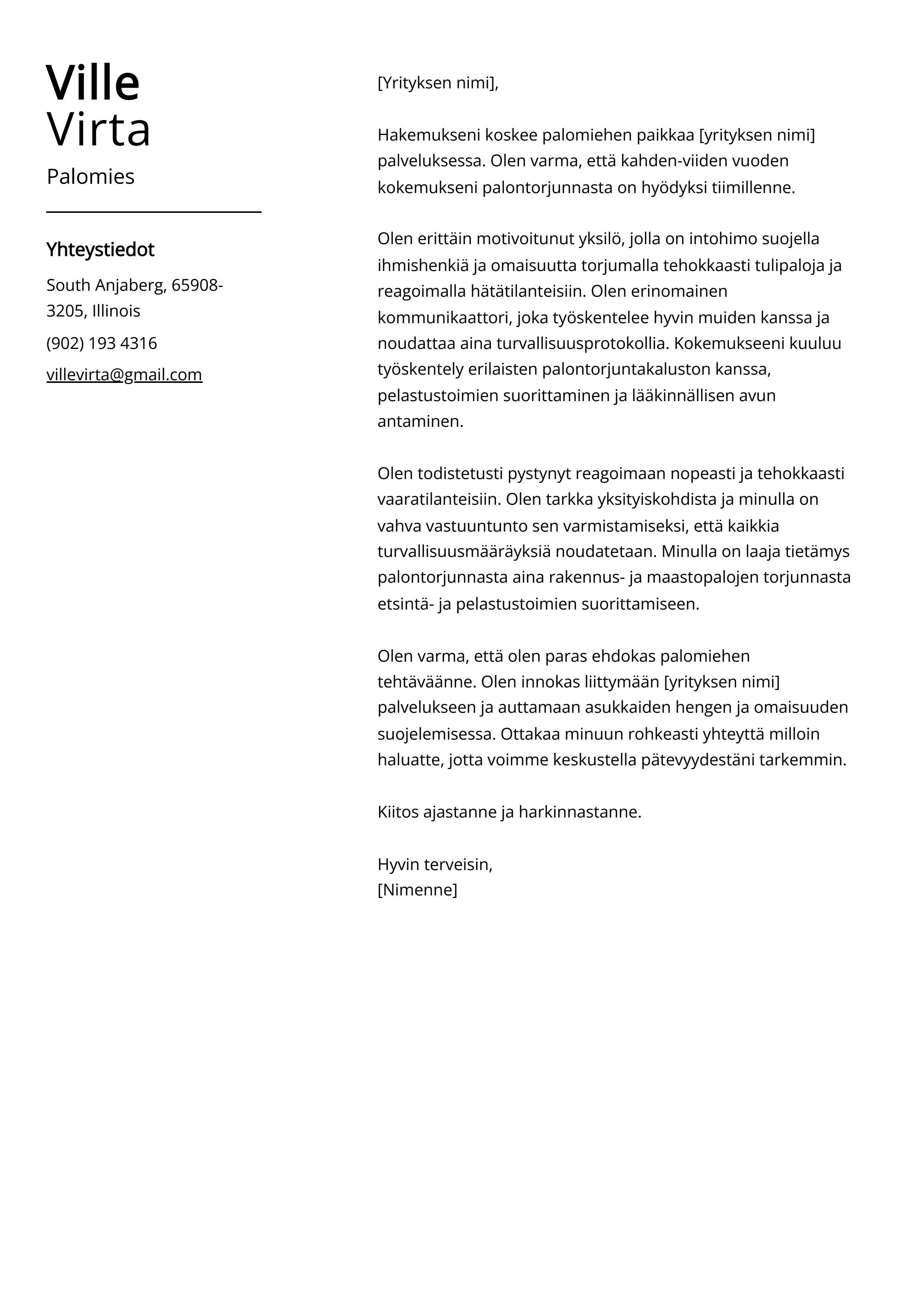 Palomies Cover Letter Esimerkki