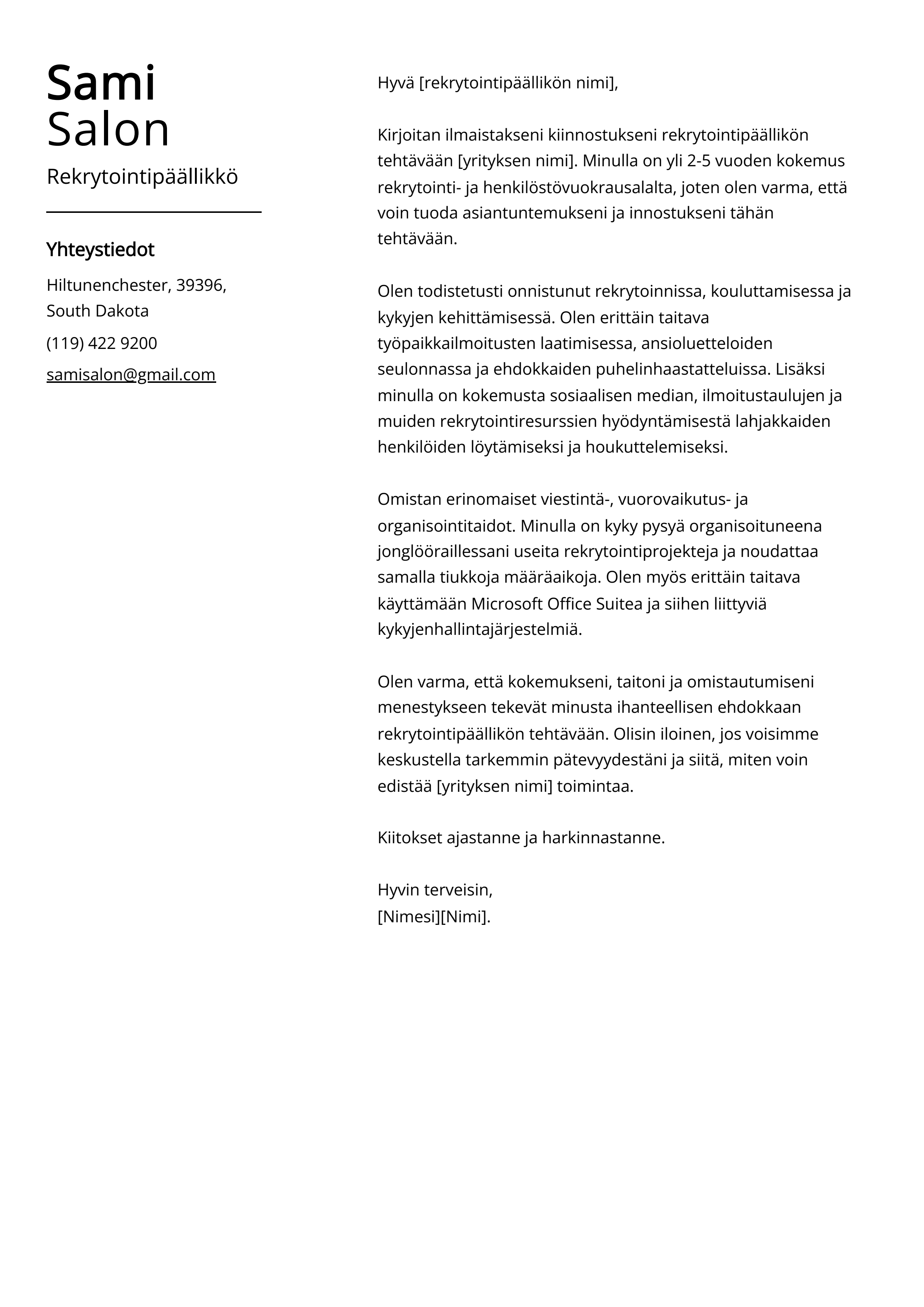 Rekrytointipäällikkö Saatekirje esimerkki