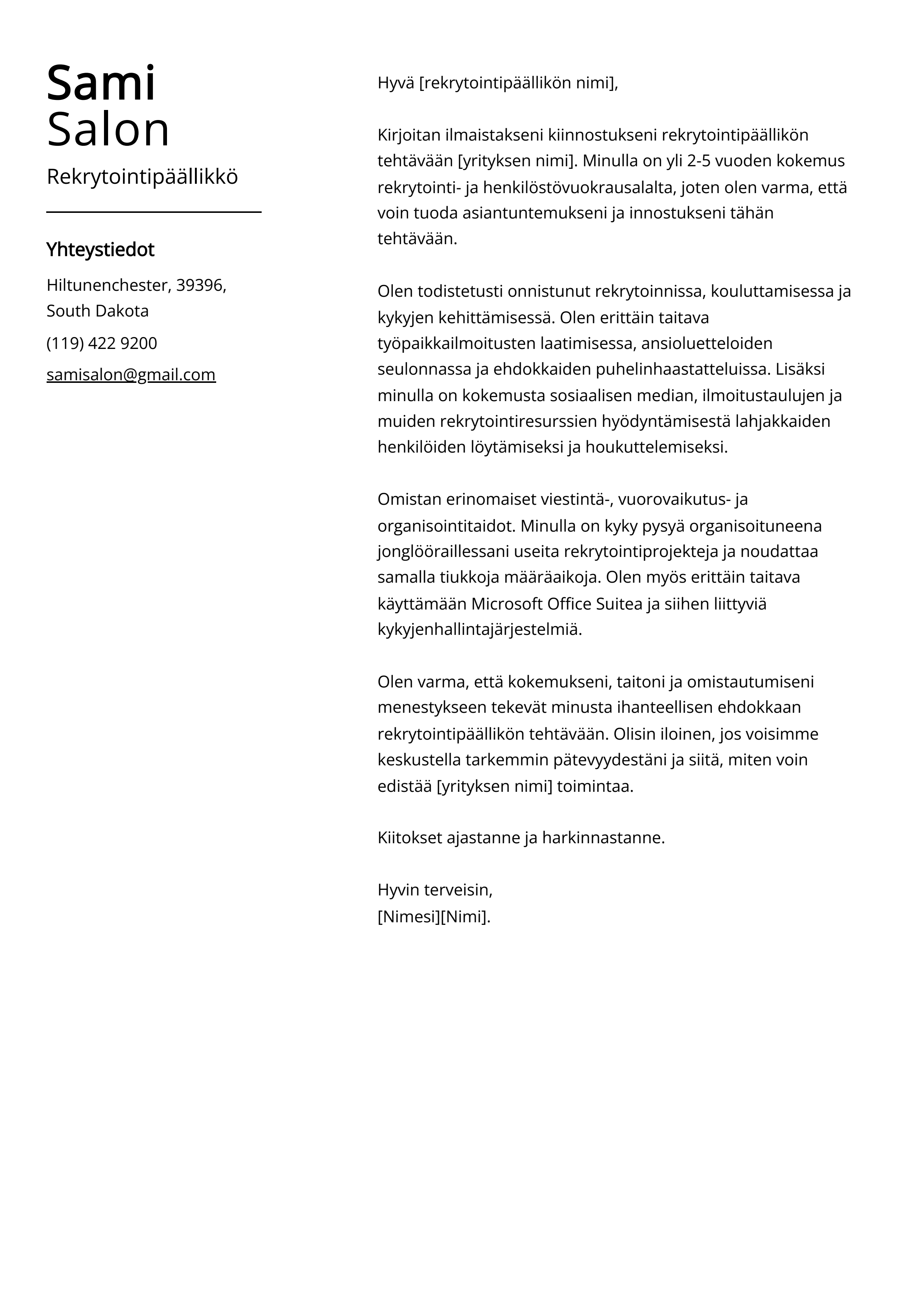 Rekrytointip llikk Saatekirje Esimerkkej malli 20 Vinkki 