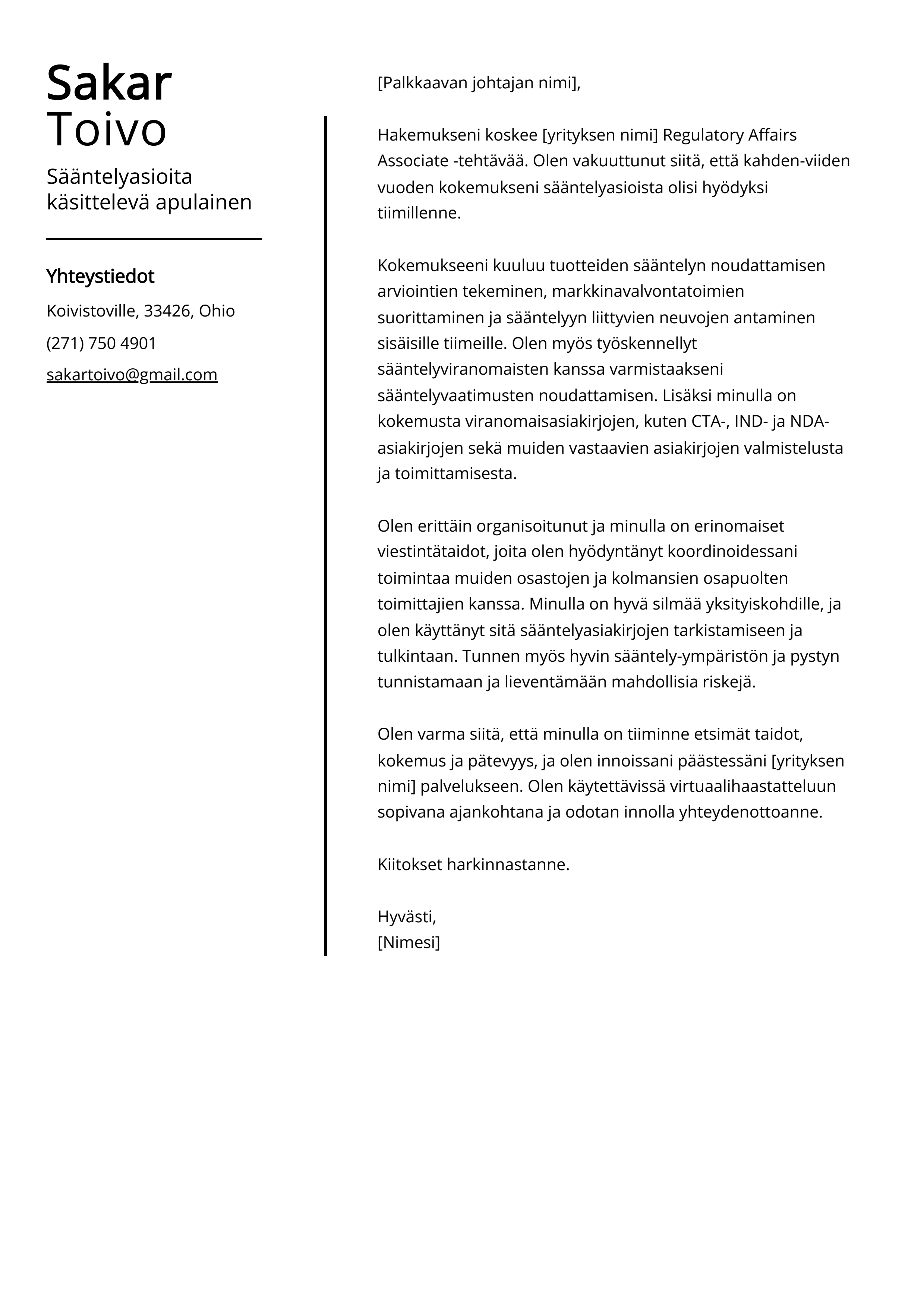 Sääntelyasioita käsittelevä apulainen Cover Letter Example