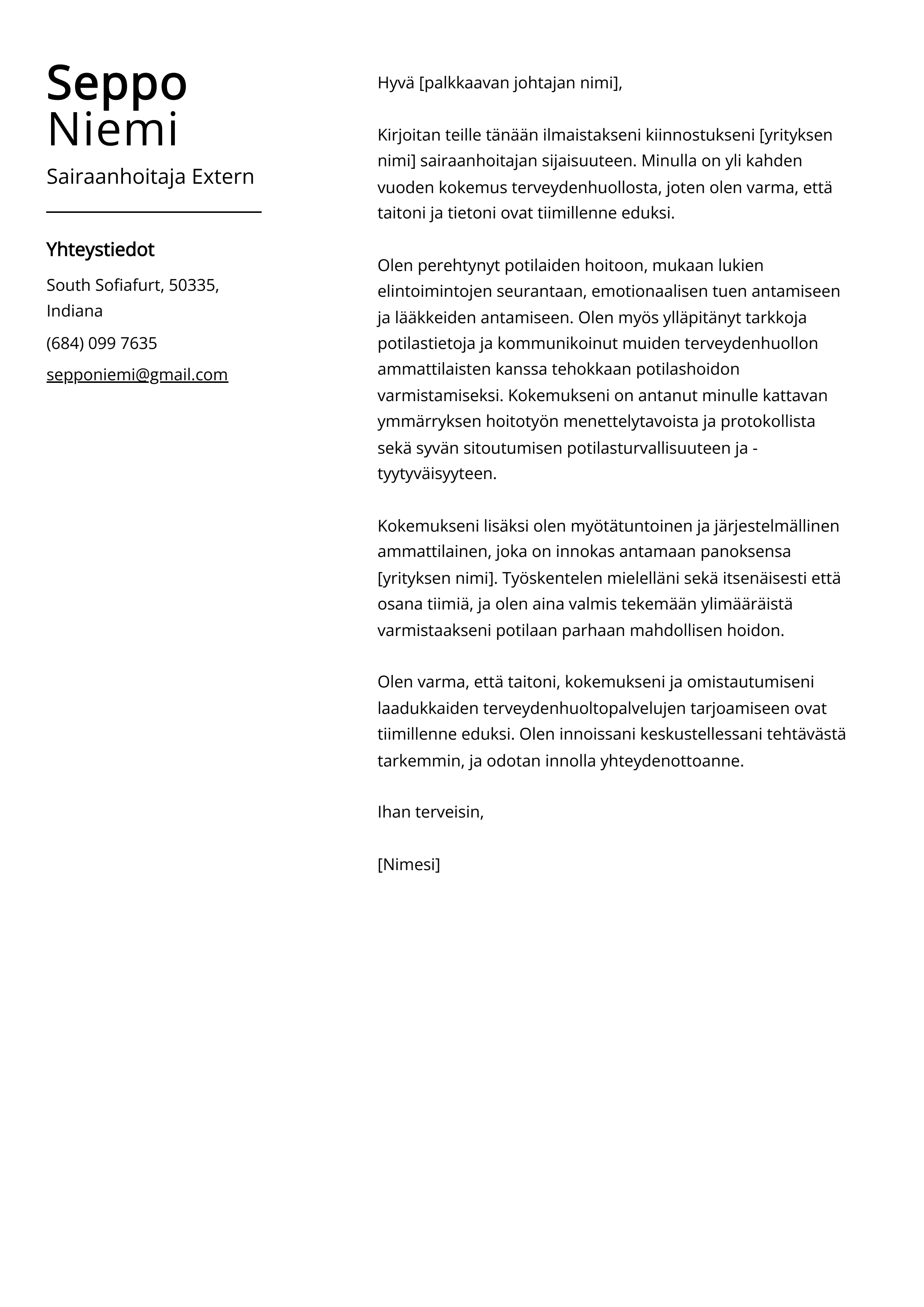 Sairaanhoitaja Extern Cover Letter Esimerkki