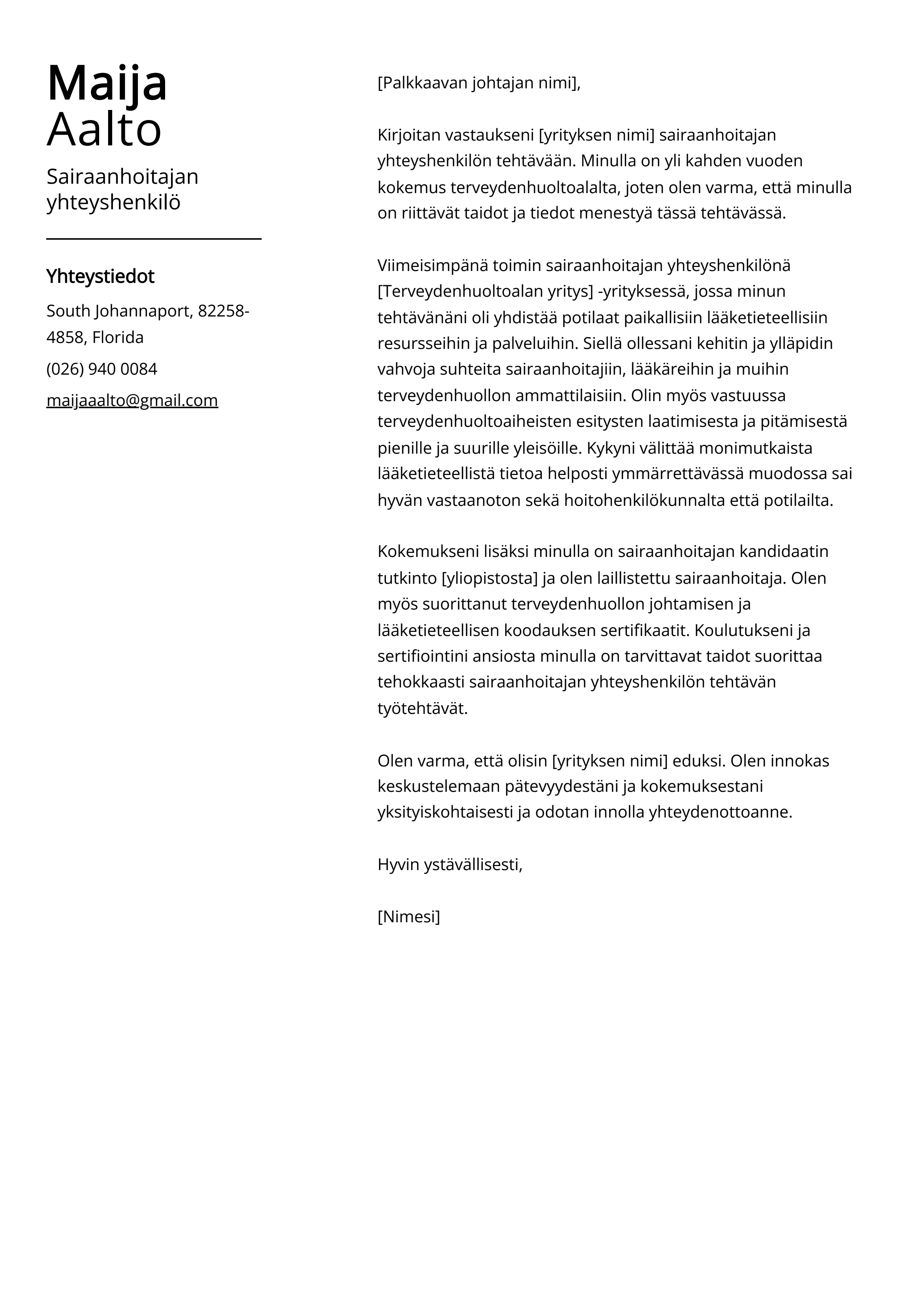 Sairaanhoitajan yhteyshenkilö Cover Letter Example