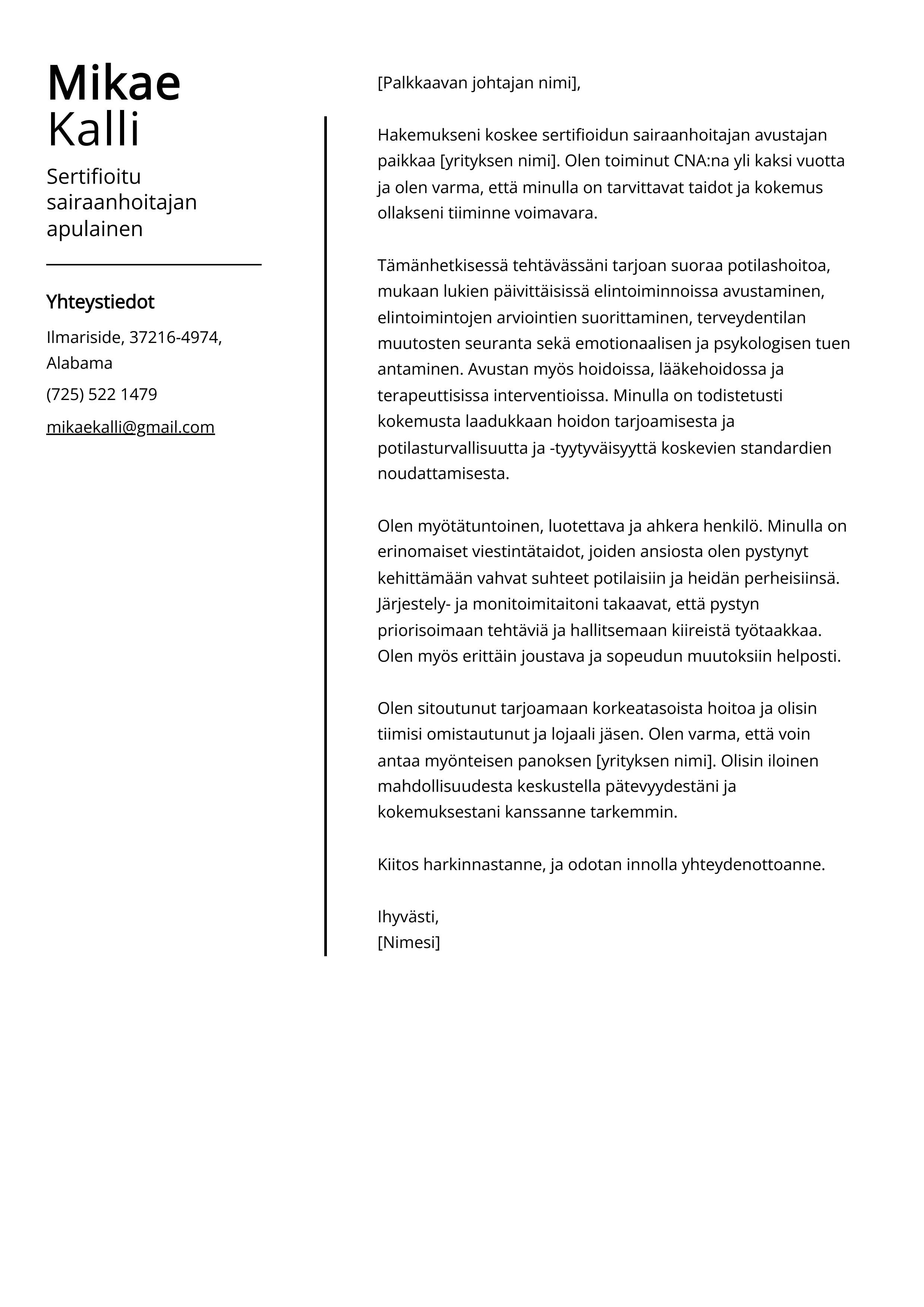 Sertifioitu sairaanhoitajan apulainen Cover Letter Example