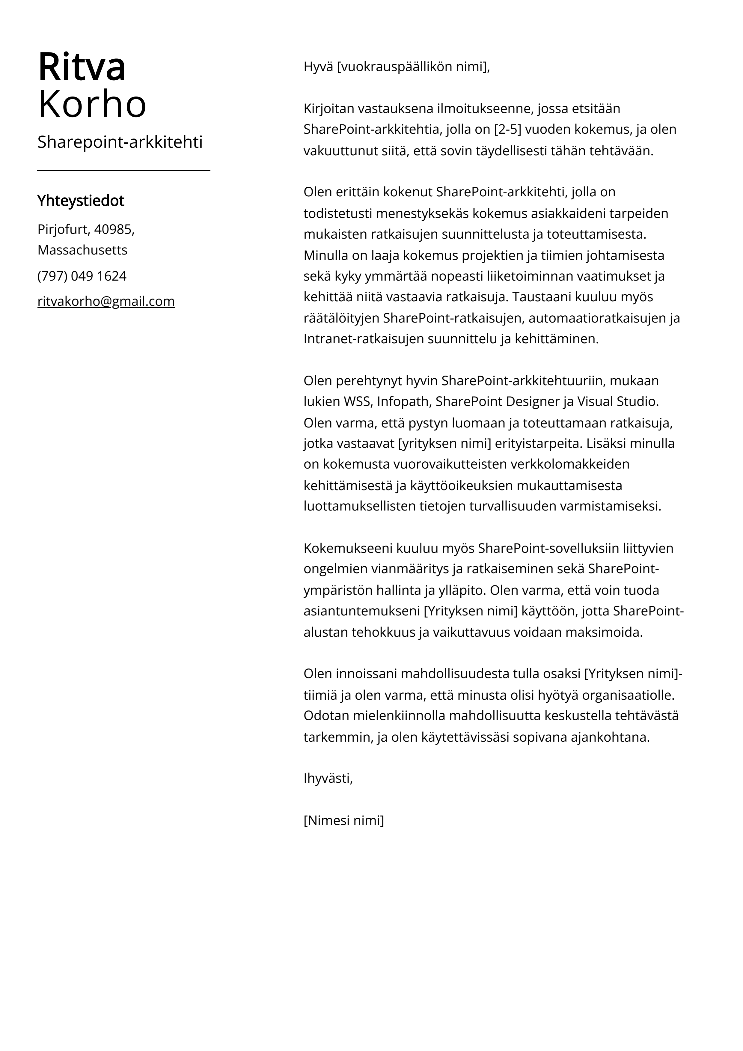 Sharepoint-arkkitehti Saatekirje esimerkki