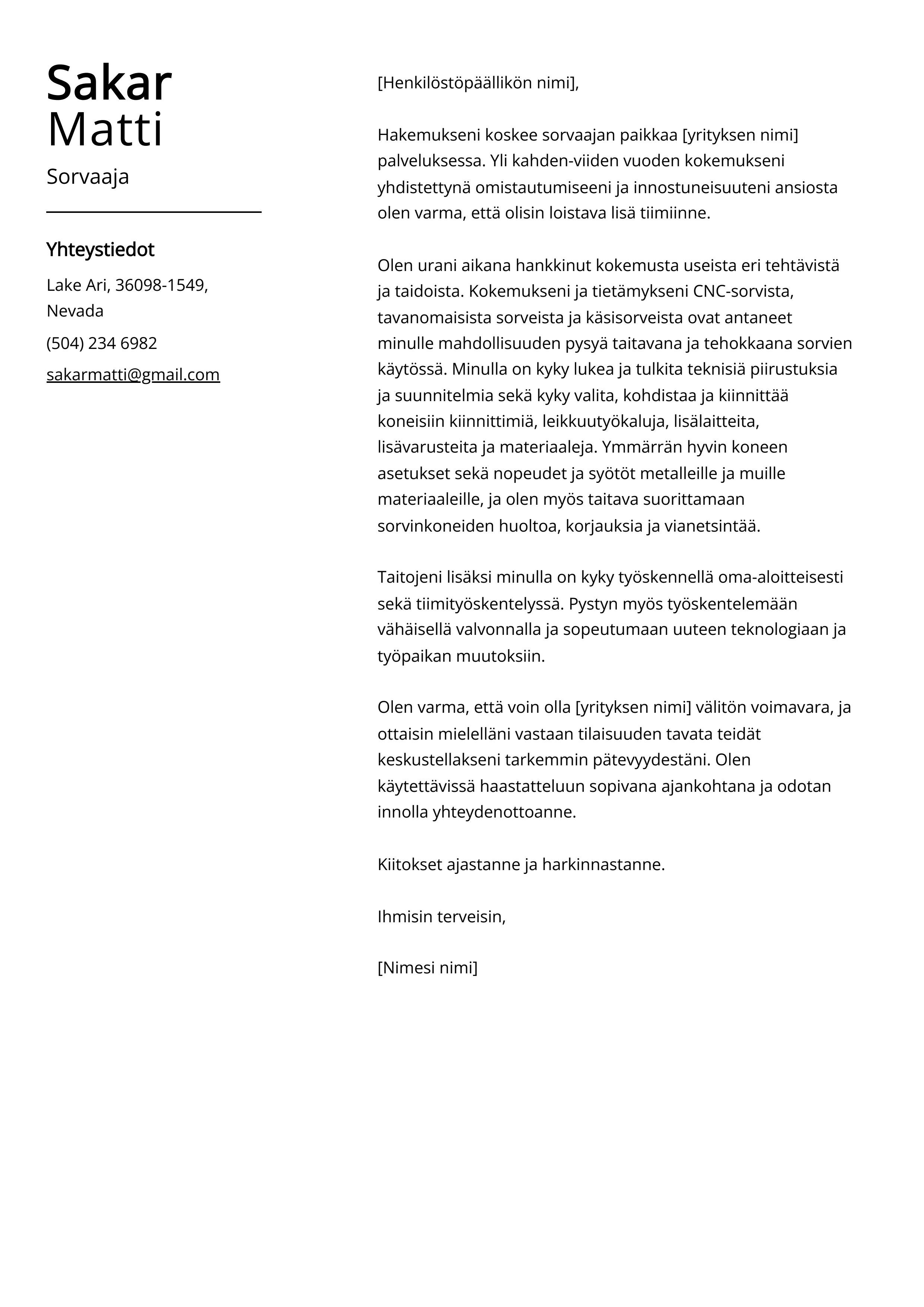 Sorvaaja Cover Letter Esimerkki