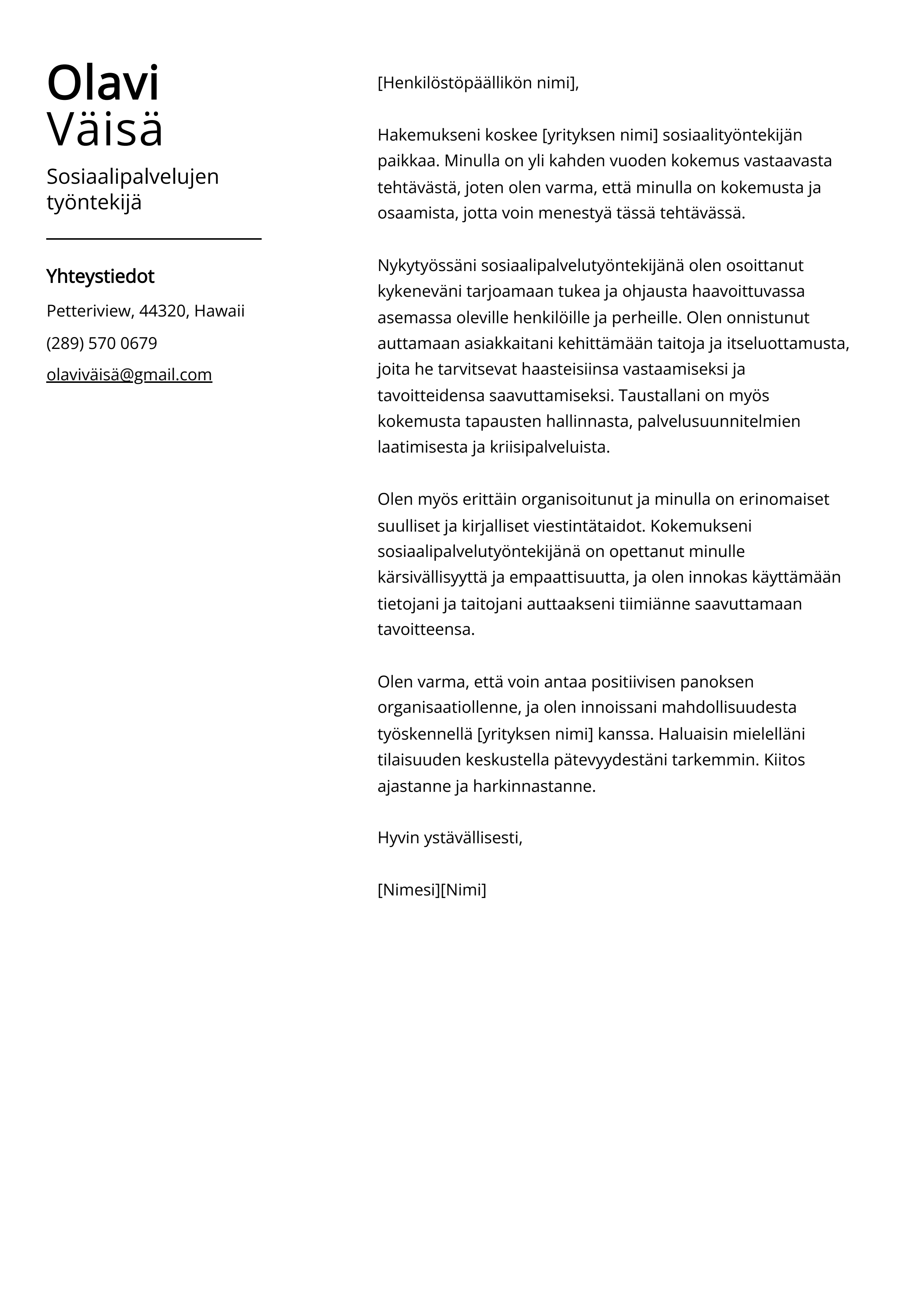 Sosiaalipalvelujen työntekijä Cover Letter Example