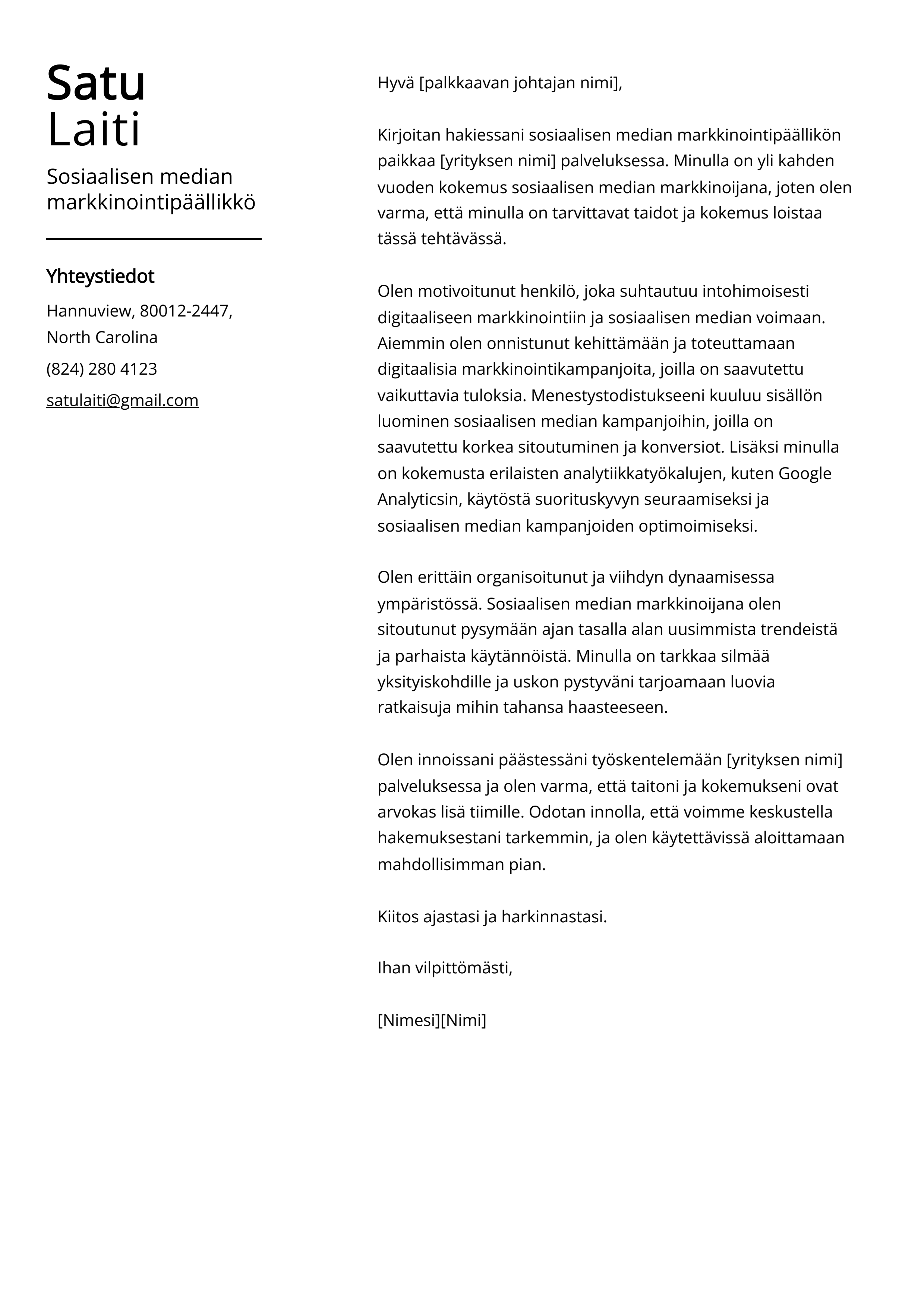 Sosiaalisen median markkinointipäällikkö Cover Letter Example