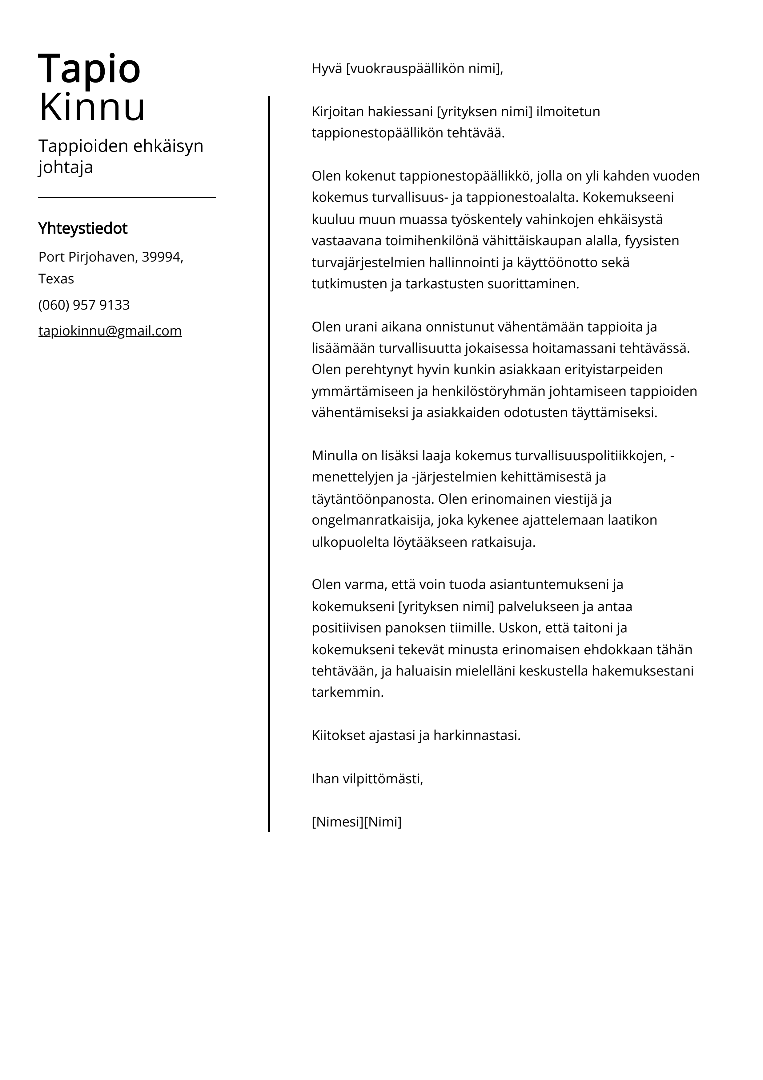 Tappioiden ehkäisyn johtaja Cover Letter Example