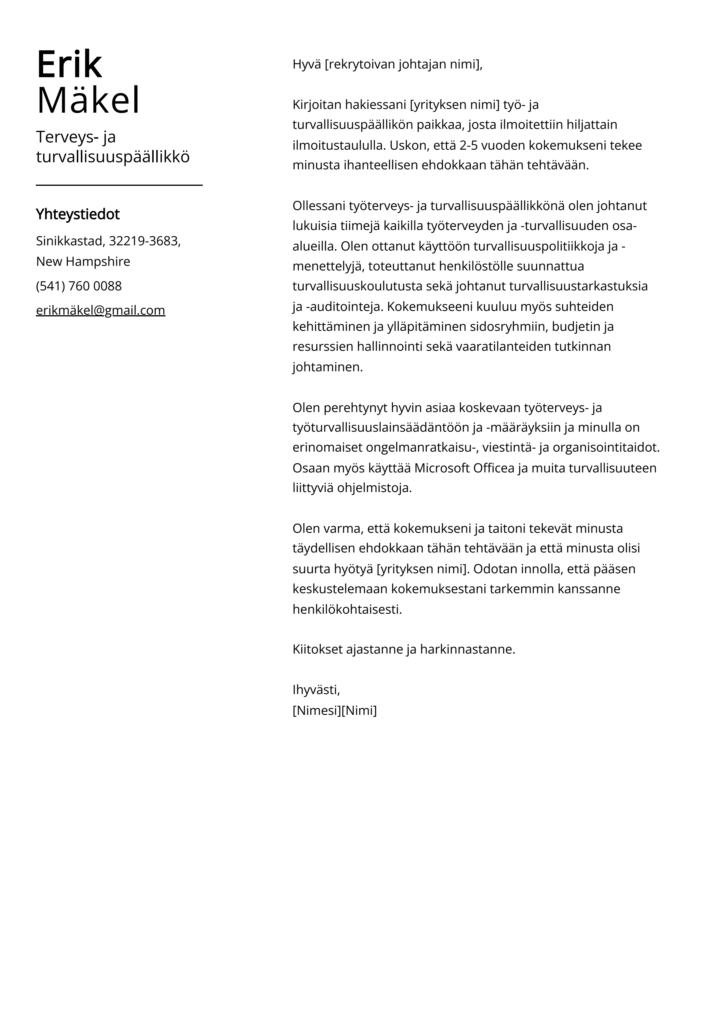 Terveys- ja turvallisuuspäällikkö Cover Letter Example