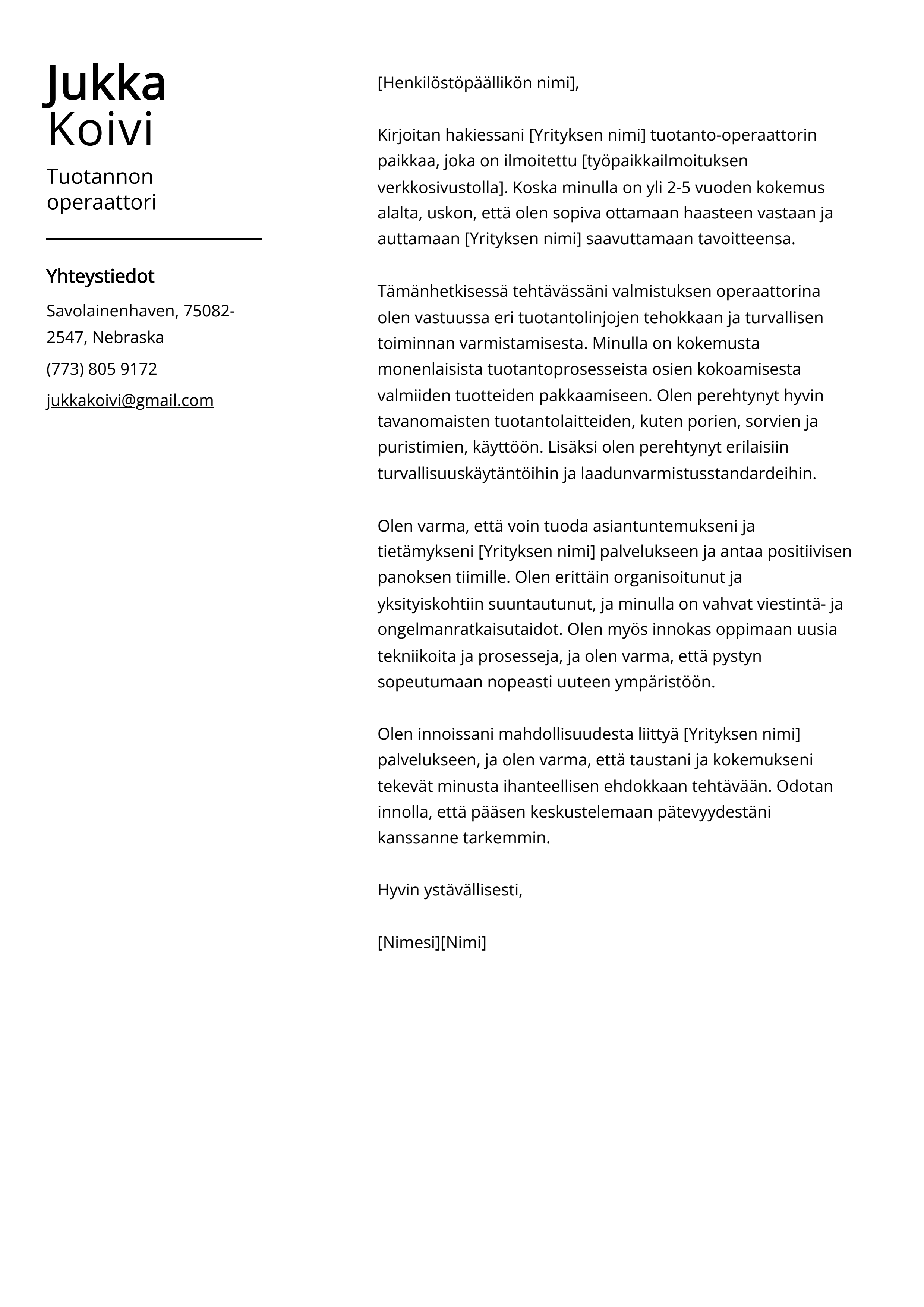 Tuotannon operaattori Cover Letter Esimerkki