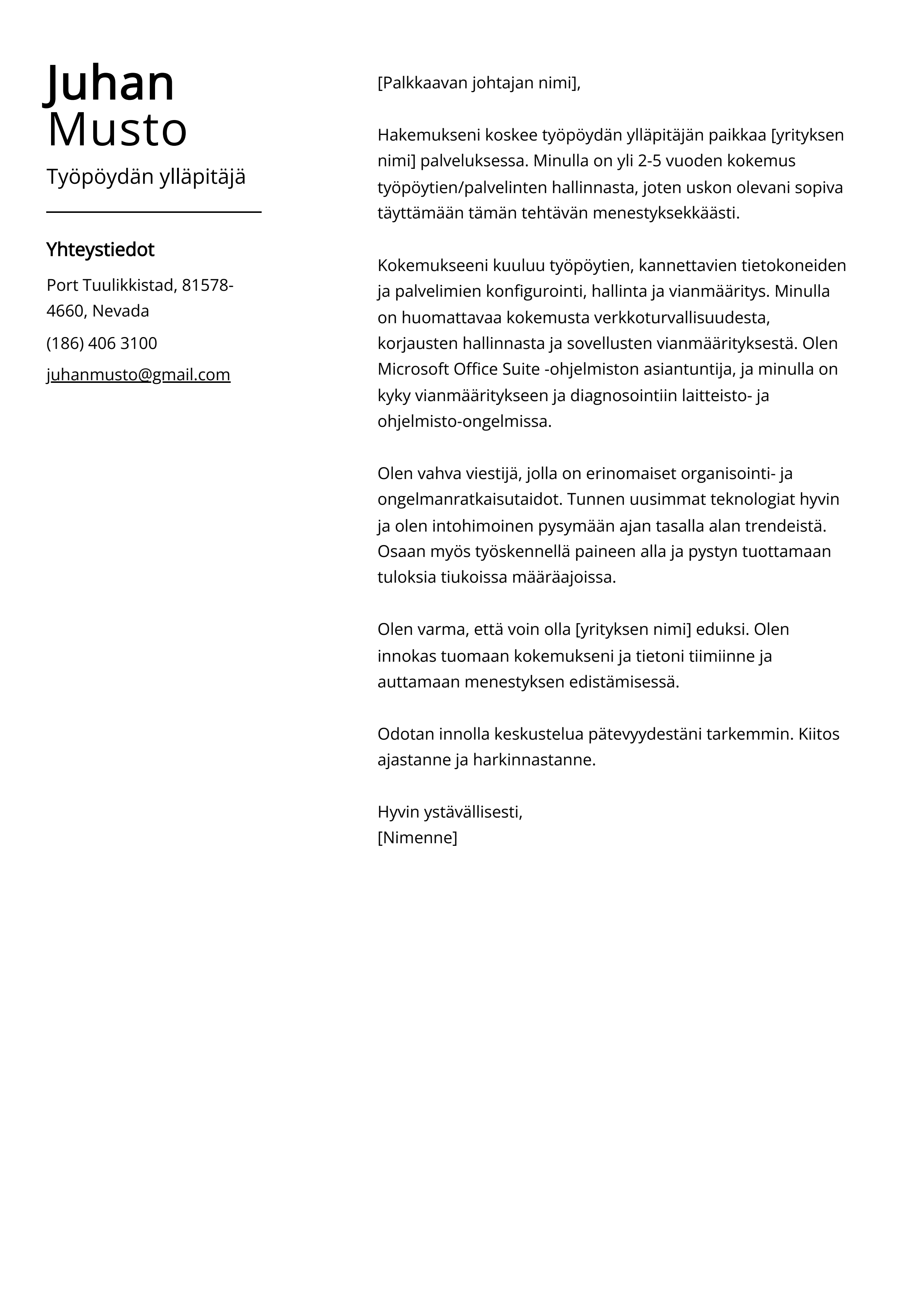 Työpöydän ylläpitäjä Cover Letter Esimerkki