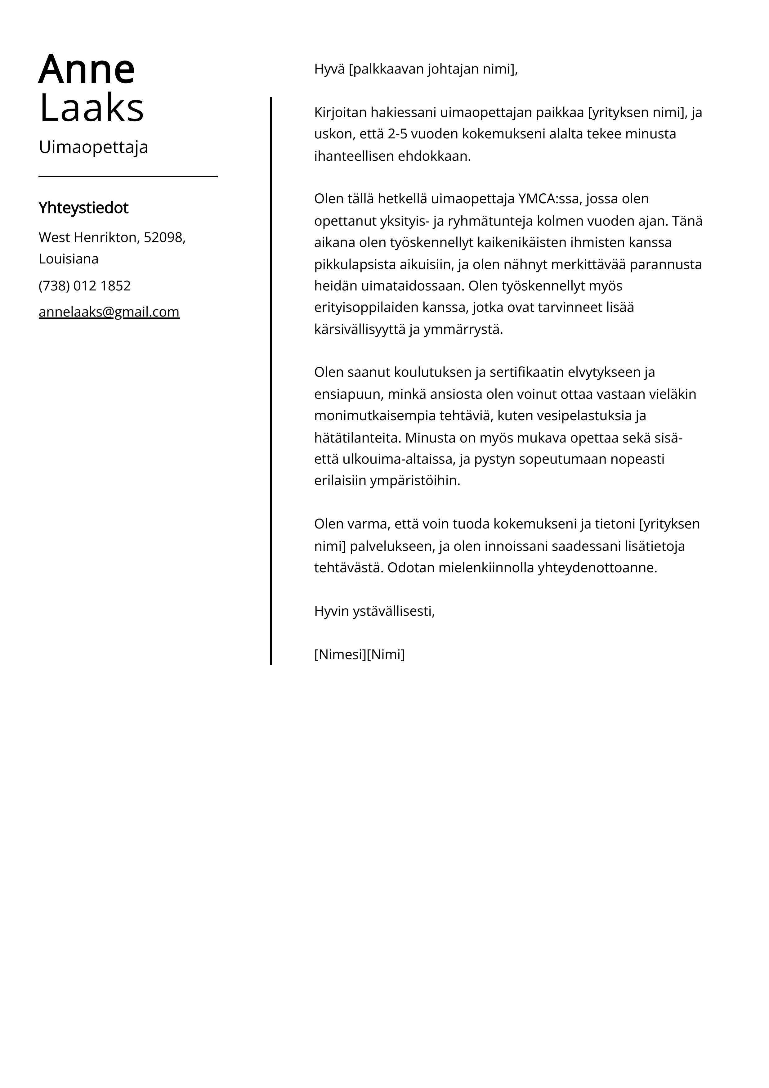 Uimaopettaja Saatekirje Esimerkkej malli 20 Vinkki 