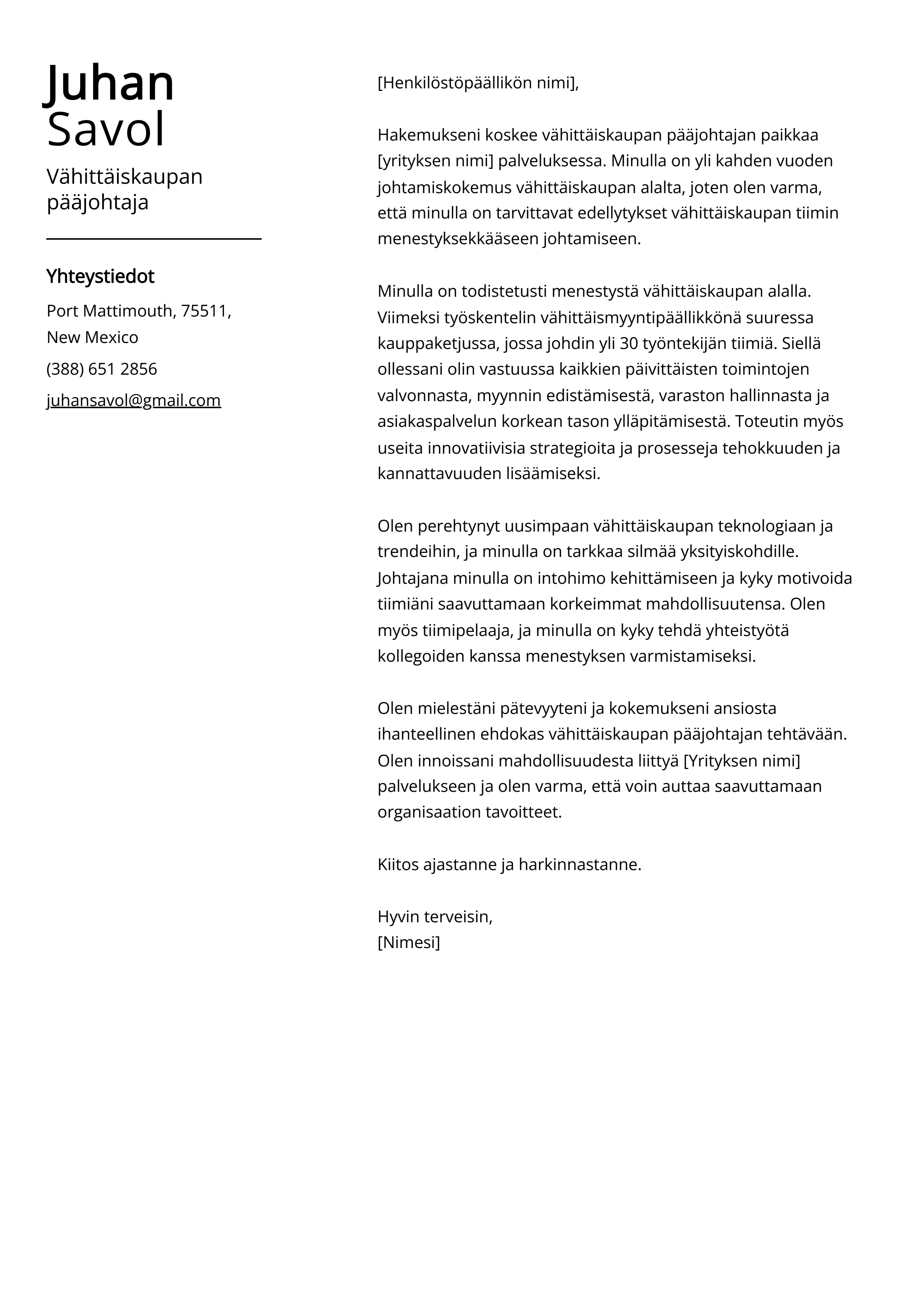 Vähittäiskaupan pääjohtaja Cover Letter Esimerkki