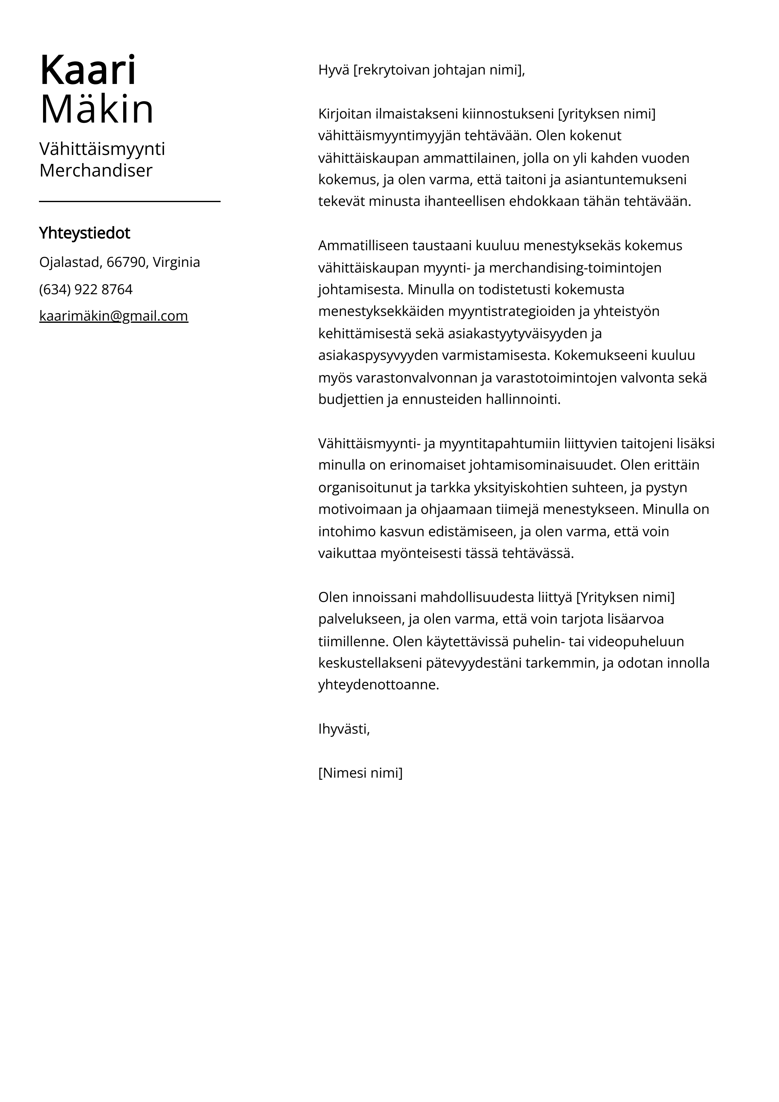 Vähittäismyynti Merchandiser Cover Letter Esimerkki