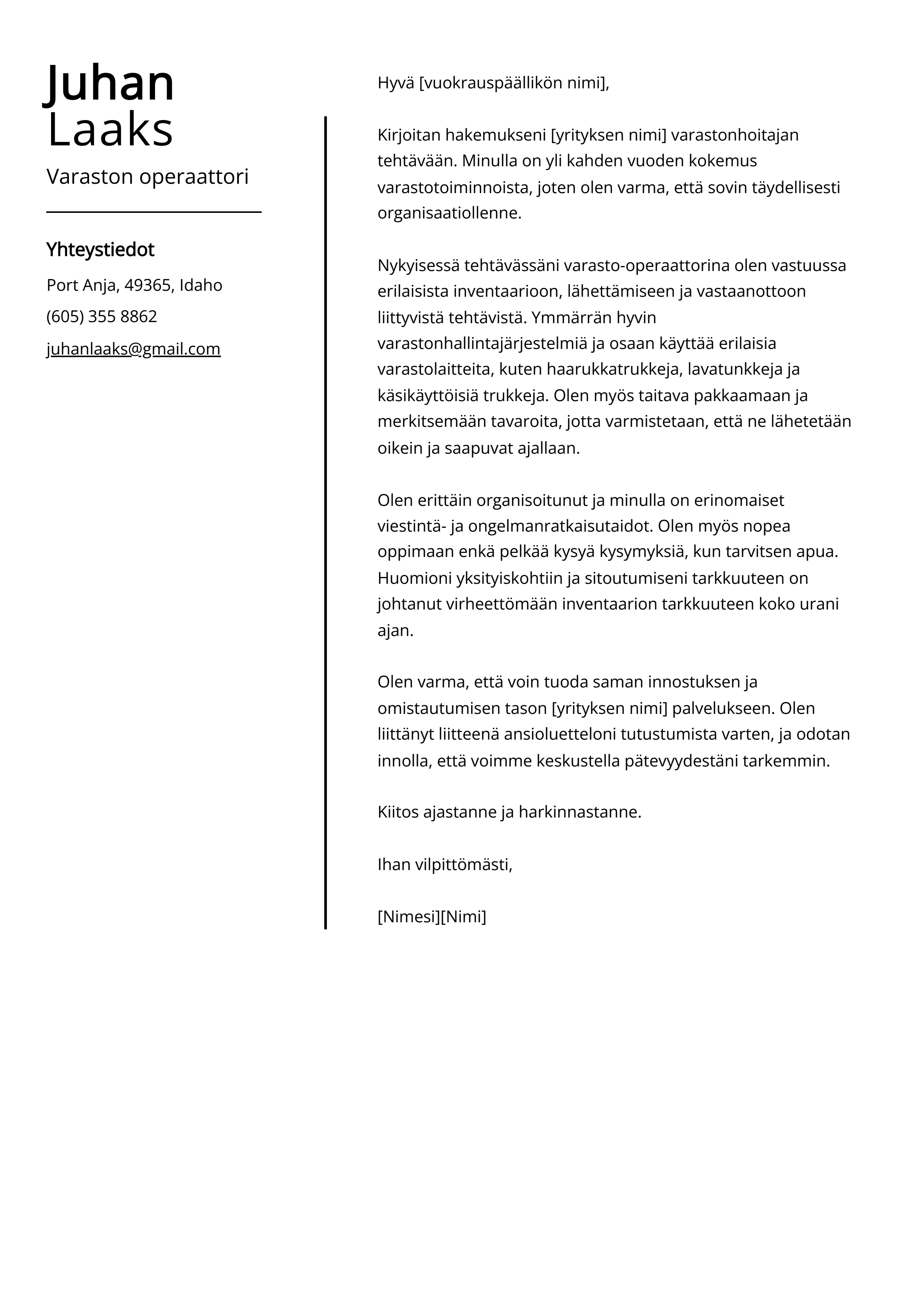 Varaston operaattori Cover Letter Esimerkki