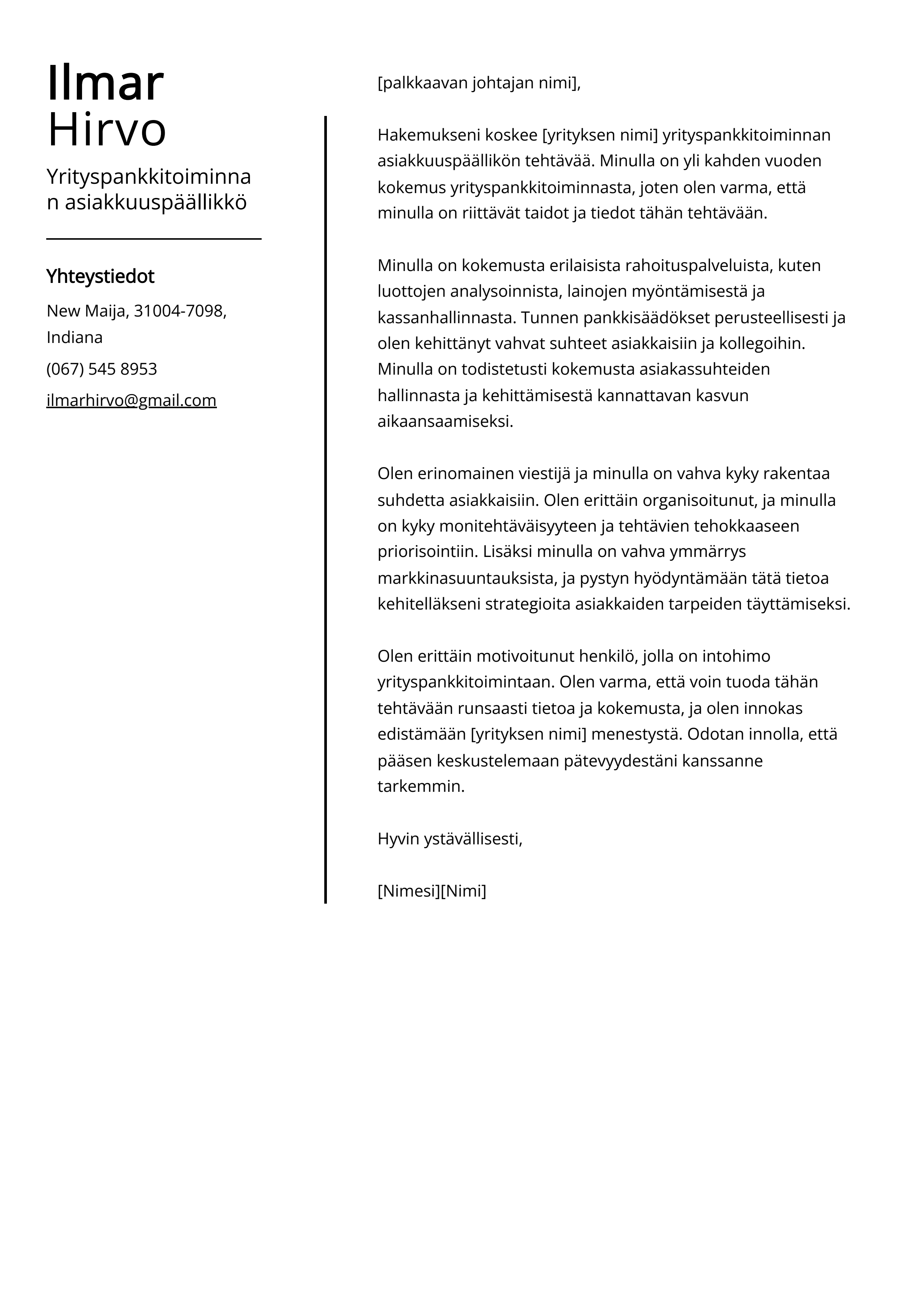 Yrityspankkitoiminnan asiakkuuspäällikkö Cover Letter Esimerkki