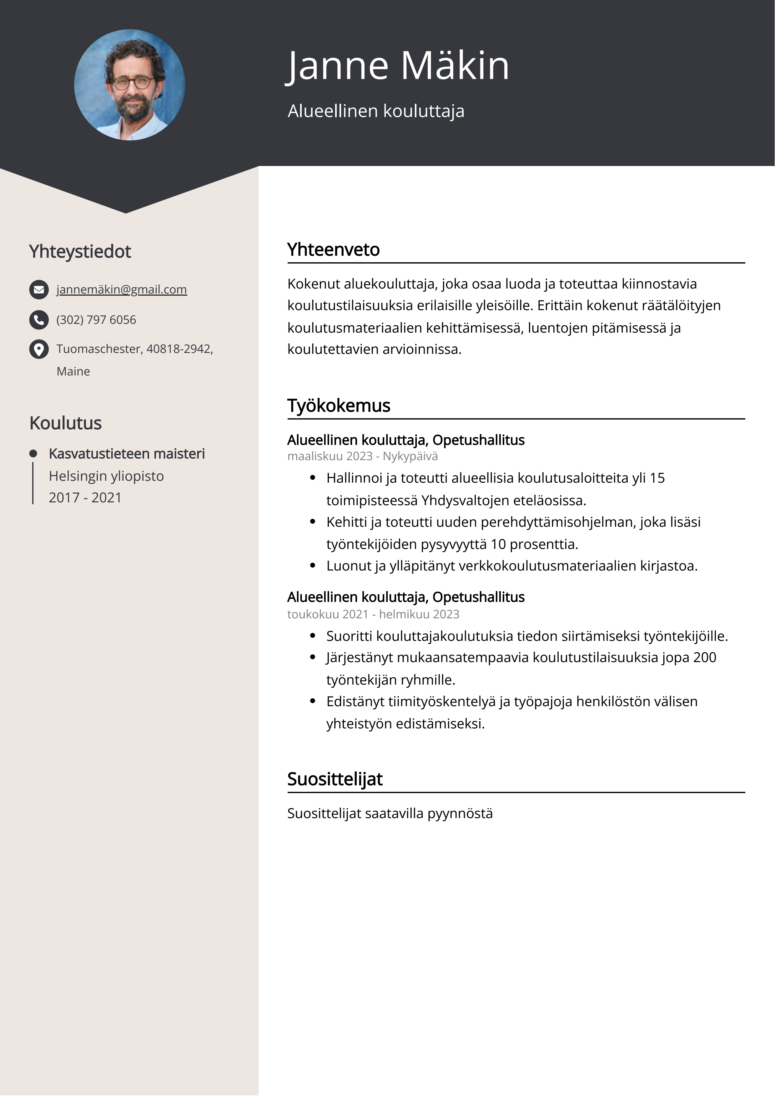 Alueellinen kouluttaja Resume Example