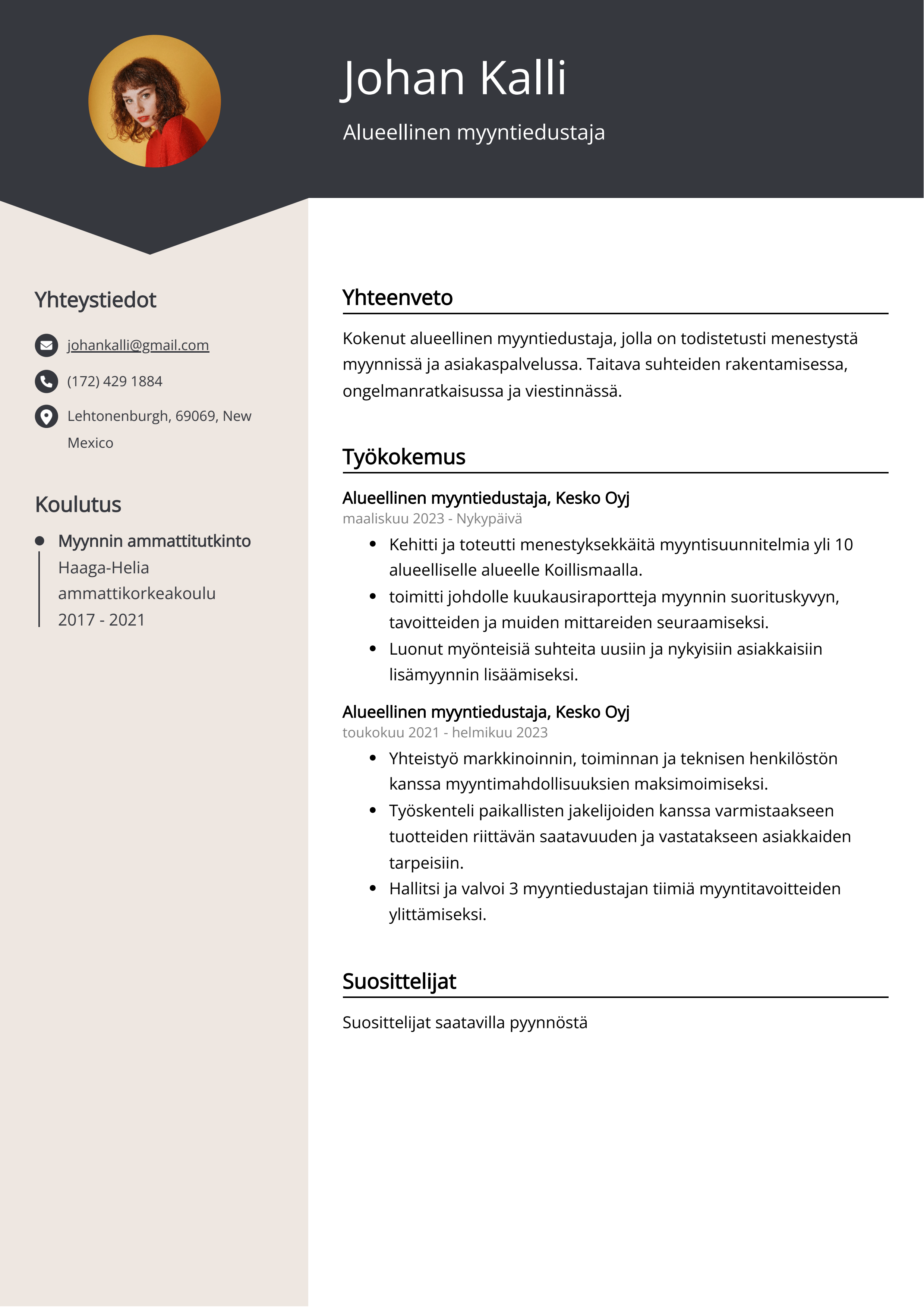 Alueellinen myyntiedustaja Resume Example