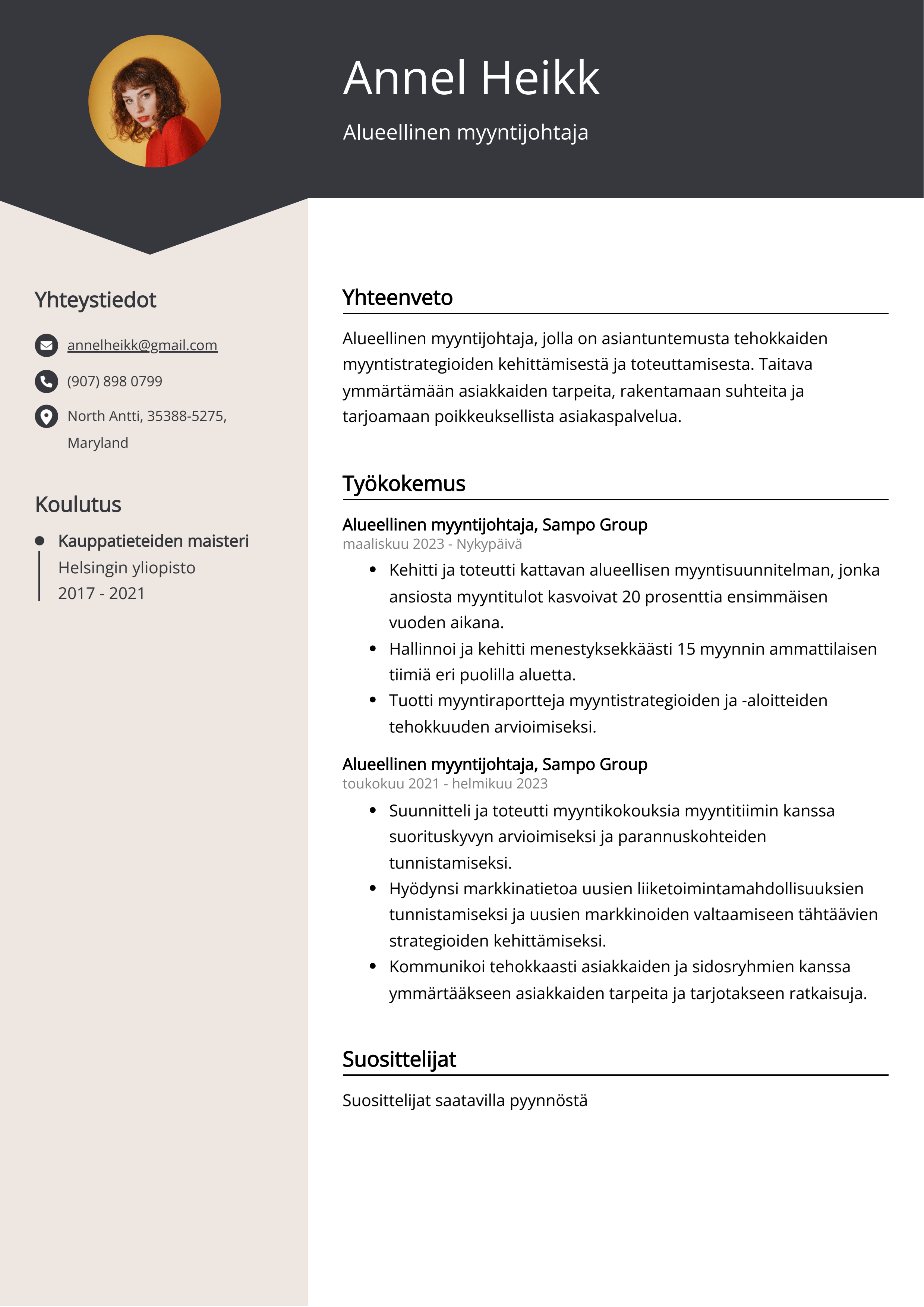 Alueellinen myyntijohtaja Resume Example